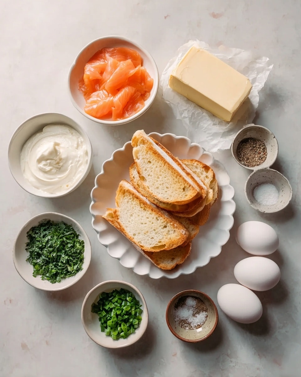 The image shows several white bowls and dishes arranged on a white marbled surface. The central dish is a white scalloped bowl holding three light golden toasted bread slices stacked unevenly. To the top left, a white bowl contains thin orange slices of smoked salmon. Next to it on the right is a rectangular block of pale yellow butter. To the left of the bread, a small white bowl holds a creamy white dollop of sour cream or yogurt. At the bottom left, another white bowl contains finely chopped green parsley or herbs. In front of the bread, a small white container holds slender green chopped chives. To the right of the bread, a small white cup holds salt, and next to it a light brown dish contains a mix of black pepper and salt. On the right edge, a small white bowl holds two white eggs. The white marbled surface beneath ties the arrangement together with a clean bright look. photo taken with an iphone --ar 4:5 --v 7