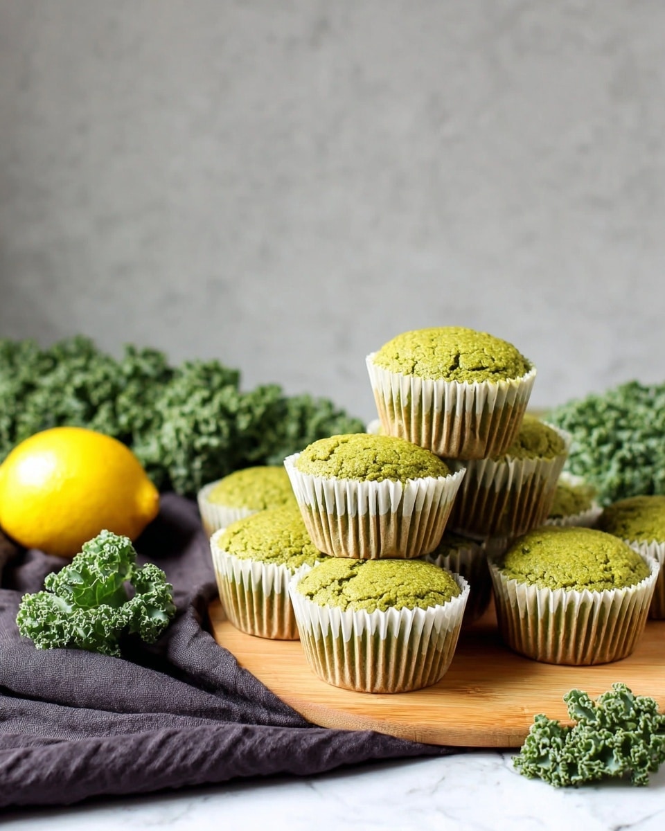 A group of eight green muffins in white paper liners is arranged on a wooden surface with a dark cloth in the foreground and fresh curly kale leaves and a yellow lemon to the left. One muffin is stacked on top of another in the center, showing its textured, slightly cracked green top. The background is a simple light gray, and the whole scene sits on a white marbled surface. photo taken with an iphone --ar 4:5 --v 7