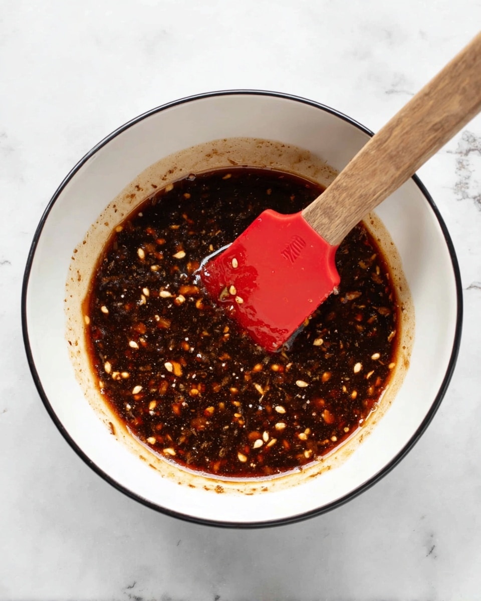 A white bowl with a black rim sits on a white marbled surface, filled with a dark brown sauce that has visible small bits of garlic and seeds mixed in. A red spatula with a wooden handle is resting inside the bowl, partially covered in the sauce, positioned mostly on the right side. The sauce appears thick and glossy with a slightly uneven texture. Photo taken with an iphone --ar 4:5 --v 7