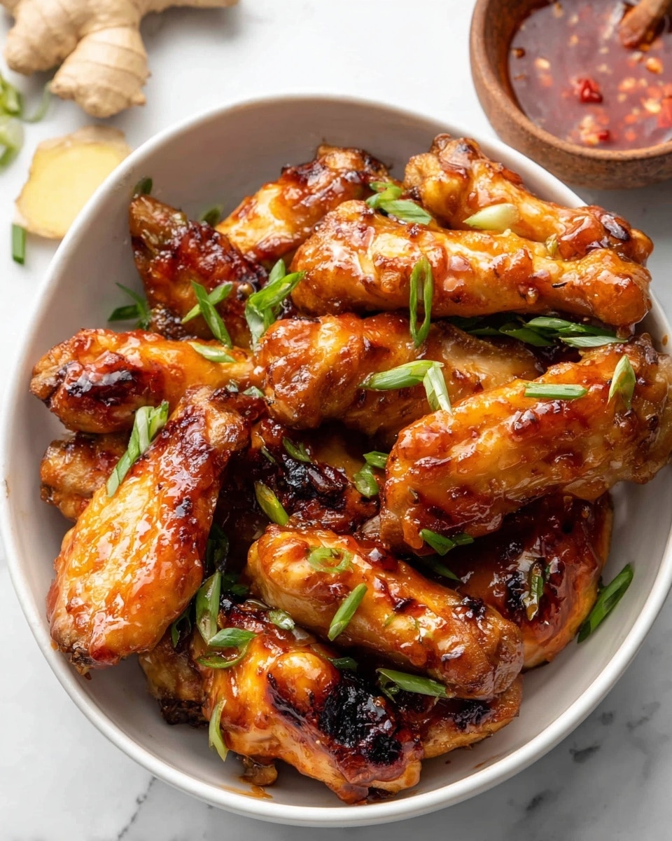 A white bowl filled with many shiny, golden-brown glazed chicken wings stacked closely, showing caramelized, slightly charred spots on some pieces. Scattered bright green chopped spring onions rest on top and between wings, adding a fresh color contrast. A small brown ceramic bowl with red chili sauce sits at the top left beside pieces of fresh ginger on a white marbled surface that serves as the background. The lighting highlights the glaze's glossy texture on the wings, making them look warm and appetizing photo taken with an iphone --ar 4:5 --v 7