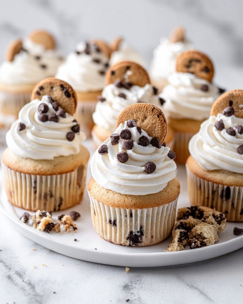 This image shows several vanilla cupcakes with chocolate chips inside, each topped with a smooth white swirl of frosting. On top of each frosting swirl is a small chocolate chip cookie, placed upright. There are extra chocolate chips sprinkled on the frosting and a few cookie crumbs and chips scattered around the cupcakes. The cupcakes sit on a white plate that rests on a white marbled surface, creating a clean and bright setting. Photo taken with an iphone --ar 4:5 --v 7
