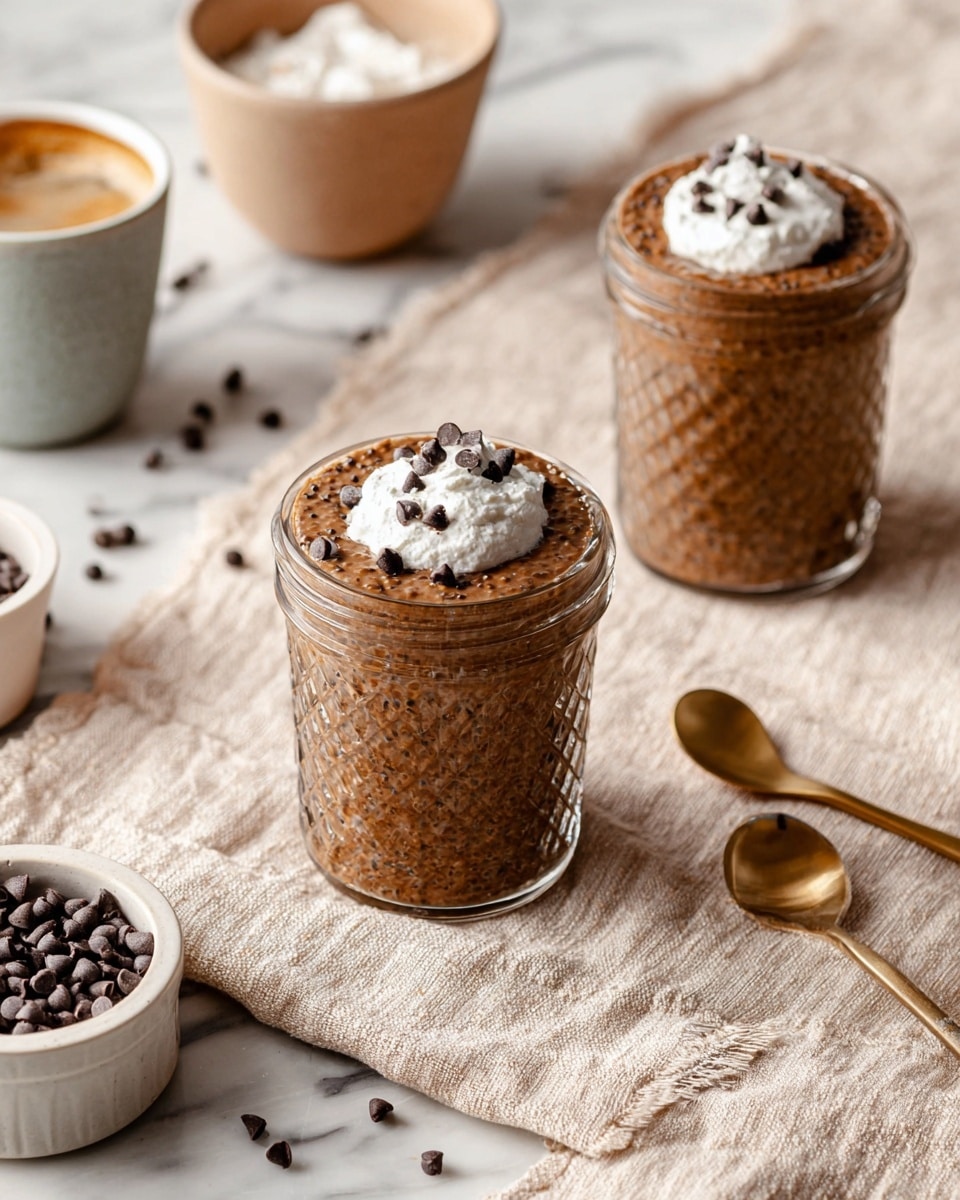 Two small clear glass jars with textured diamond patterns are filled with a rich chocolate pudding that has small chia seeds mixed throughout. Each jar is topped with a dollop of white whipped cream and sprinkled with dark chocolate chips. The jars sit on a beige textured cloth placed over a white marbled surface. Around the jars, there are scattered chocolate chips, two gold spoons in the bottom right corner, and a white bowl with more chocolate chips on the bottom left. In the background, there is a beige bowl with white cream and a ceramic cup with coffee, both on the same white marbled surface. Photo taken with an iphone --ar 4:5 --v 7