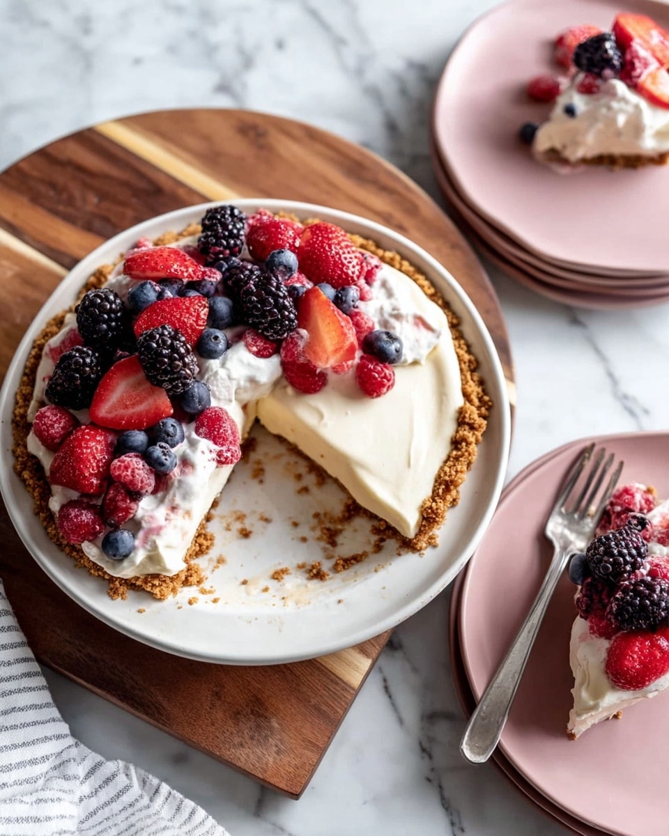 A dessert pie with four visible layers sits on a white plate on a wooden board over a white marbled surface. The bottom layer is a crumbly brown crust that forms a thick border around the pie. Above that is a smooth pale cream filling. On top of the cream is a fluffy white whipped topping spread unevenly. The pie is topped with fresh red strawberries, blackberries, raspberries, and blueberries scattered in a loose pile. A slice is missing, showing the cross-section with a portion served on a pale pink plate nearby. A woman's hand holds a silver fork resting on the pink plate. Photo taken with an iphone --ar 4:5 --v 7