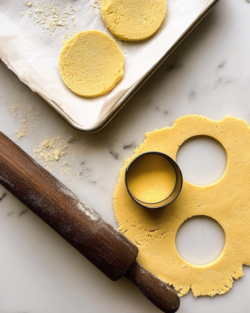 A rough yellow dough circle is rolled out on a white marbled surface with three round shapes cut out, two holes empty and one filled with a circle cutter still in place; nearby there is a dark brown rolling pin with some dough crumbs on it and a white baking tray lined with parchment paper holding two of the cut dough circles. Photo taken with an iphone --ar 4:5 --v 7