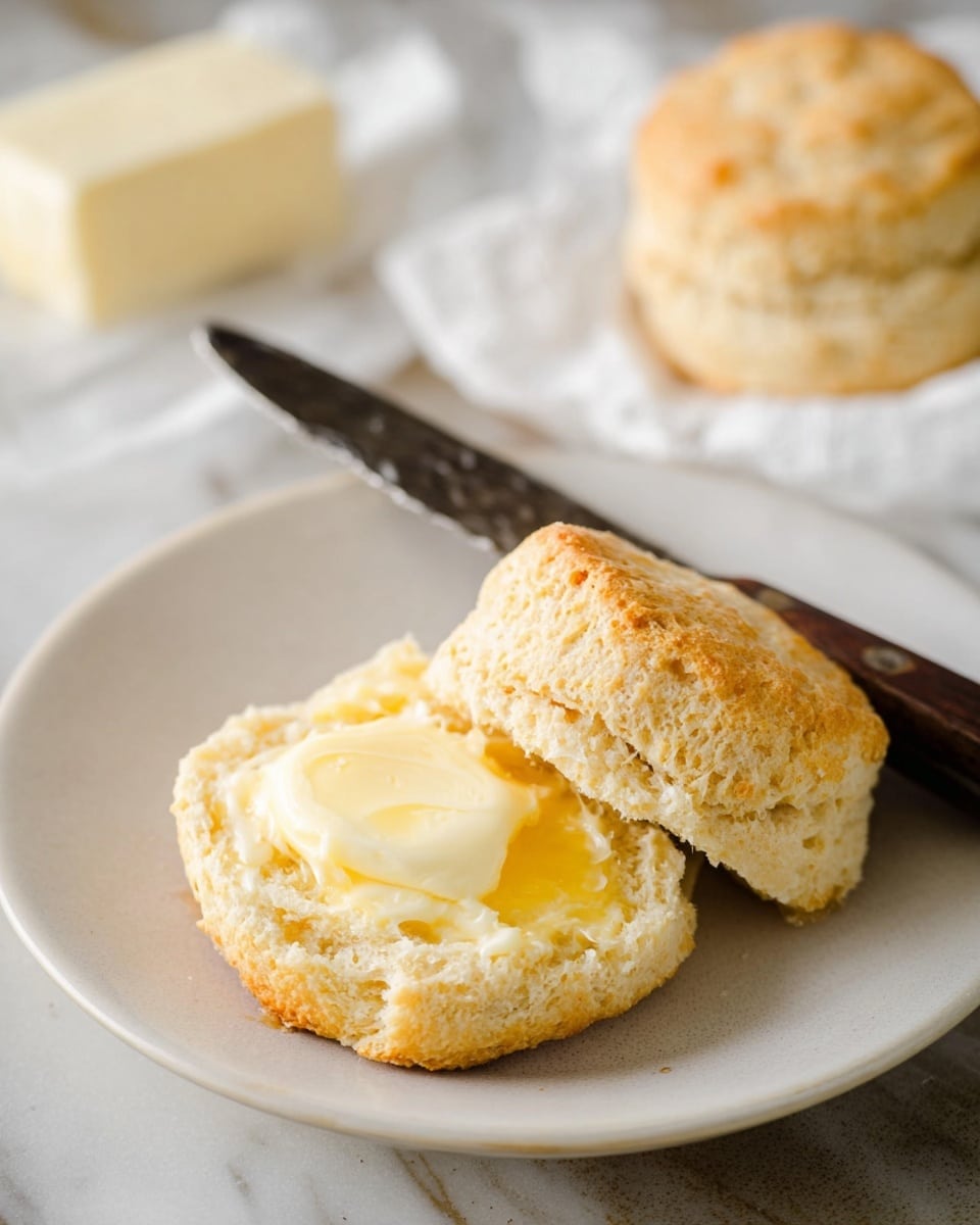 A close-up view of a golden brown biscuit split in half on a white plate, with a layer of melted pale yellow butter spread on the bottom half. The biscuit has a rough, crumbly texture and sits next to a dark-handled knife with a wooden handle resting on the plate. Another whole biscuit and a butter block wrapped in white paper are blurred in the background on a white marbled surface. The lighting is soft and natural, highlighting the warm tones of the biscuit and butter. Photo taken with an iphone --ar 4:5 --v 7