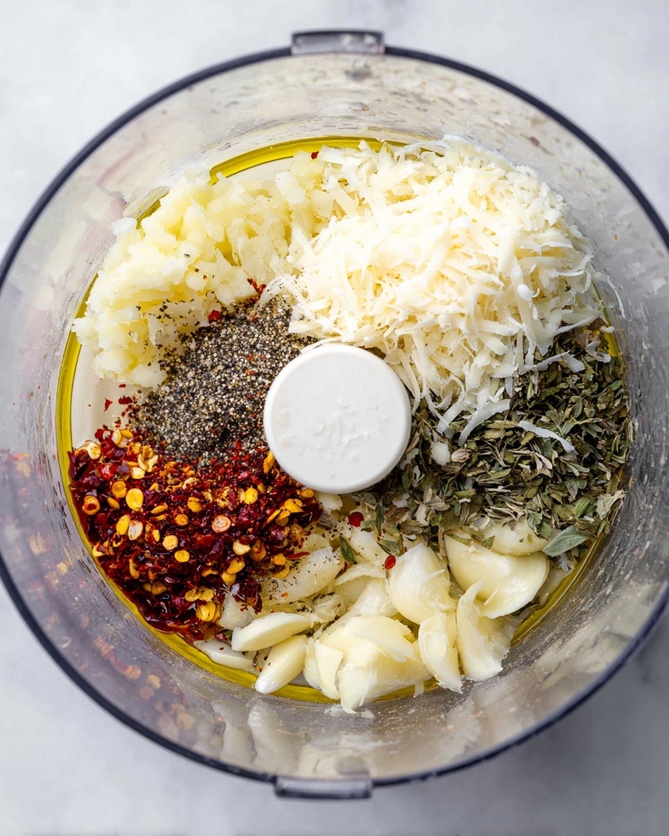 Inside a clear food processor bowl, several ingredients are layered but not mixed. At the bottom, there are chopped pale yellow garlic pieces scattered mostly on one side. On the right side, a large pile of finely shredded white cheese sits heaped. Above the cheese, there is a patch of mixed green dried herbs with varied small leaves and stems. To the left of the herbs, a line of black cracked pepper mixes with coarse white salt. Next to it on the far left side, bright red chili flakes with yellow seeds float on the surface of golden olive oil, which spreads around the whole mixture. The whole setup rests on a white marbled surface. Photo taken with an iphone --ar 4:5 --v 7