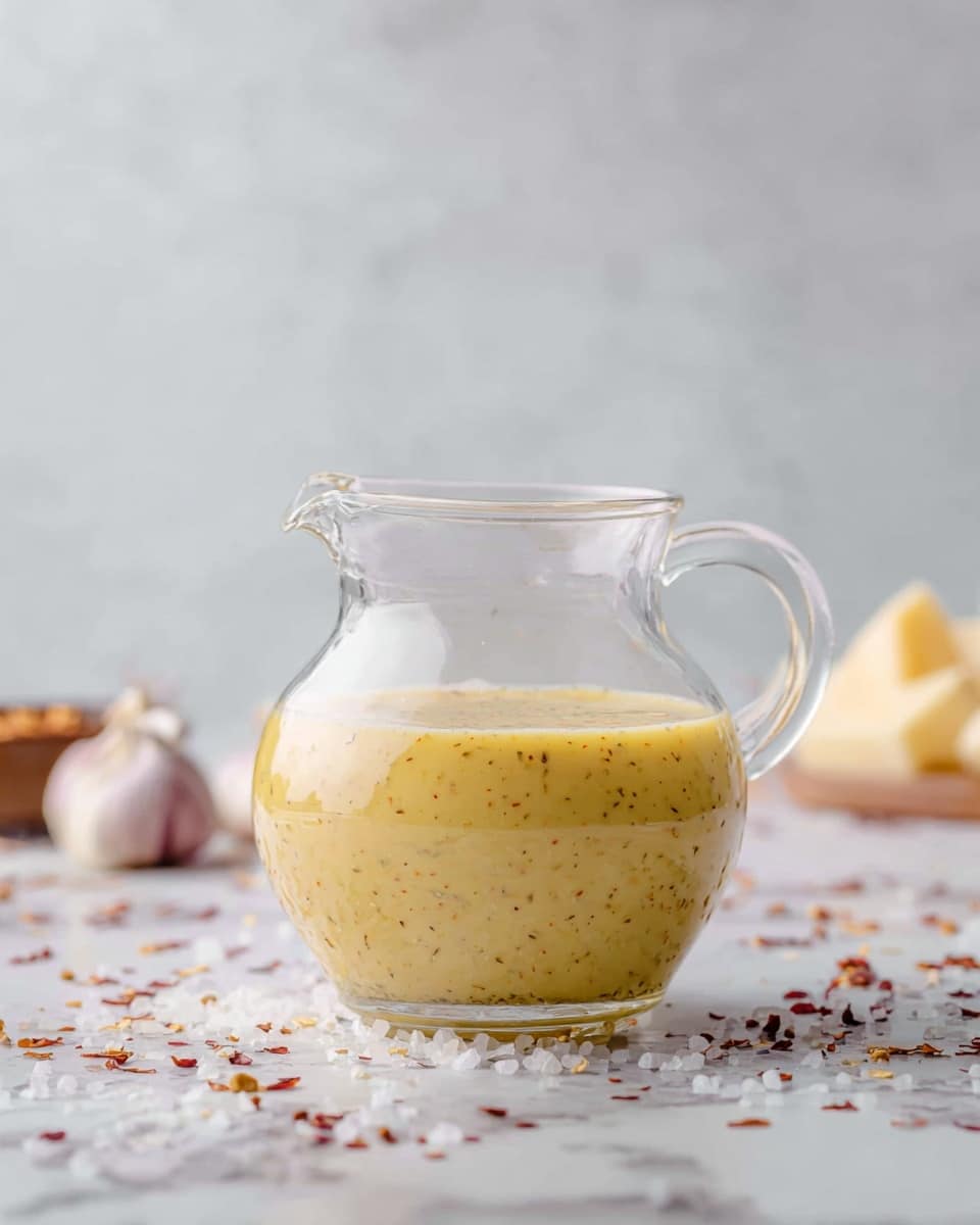 A clear glass pitcher with a round body and a small spout is filled halfway with a creamy yellow sauce that has visible small black and brown specks mixed in. The pitcher sits on a surface with a white marbled texture, surrounded by scattered coarse salt crystals and red pepper flakes. In the background, there are blurred pieces of light-colored cheese and possibly some shallots or garlic, adding subtle color contrasts. The scene is softly lit with natural light making the sauce and glass shine gently. Photo taken with an iphone --ar 4:5 --v 7
