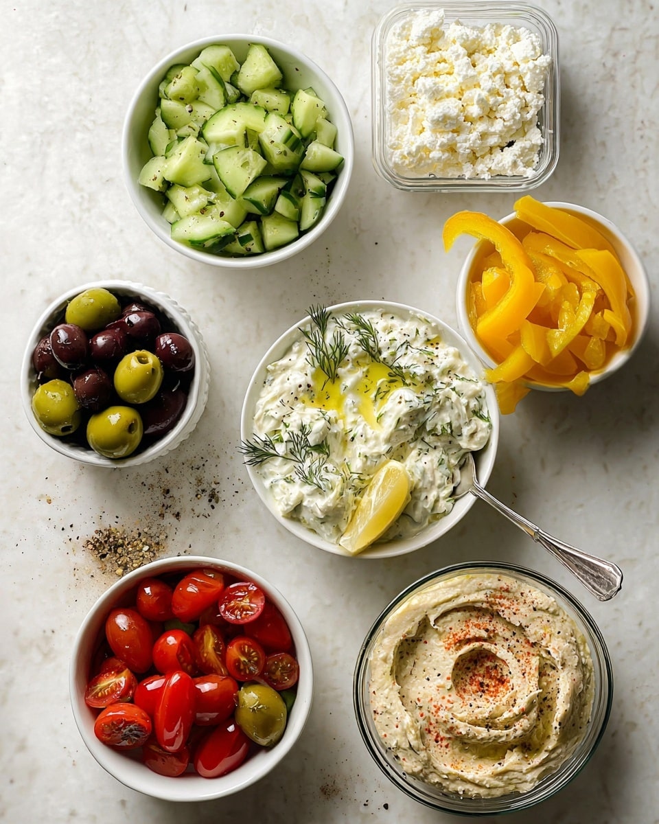 The image shows several small white bowls and a container on a white marbled surface. One bowl contains chopped green cucumbers on the left and sliced yellow bell peppers on the right. Another bowl is filled with creamy white tzatziki sauce garnished with olive oil, black pepper, fresh dill, and two lemon wedges on top, with a silver spoon resting inside. Below, there is a bowl of dark black Kalamata and green olives together, and next to it, a bowl with bright red grape tomatoes, some whole and some sliced. There is a halved avocado sprinkled with black pepper and salt near the bottom left, and a rectangular clear container with crumbled white feta cheese. At the bottom right, a glass bowl holds creamy hummus topped with olive oil and sprinkled with red paprika and black pepper, with a silver spoon inside. Photo taken with an iphone --ar 4:5 --v 7