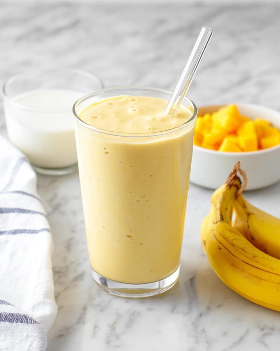 A tall clear glass is filled with a thick creamy light yellow smoothie with small bubbles, and a clear glass straw is inserted at the top right side. To the left behind the glass is a small clear cup filled with white liquid, and next to it is a white bowl containing diced bright yellow pieces. On the right front side of the glass lies a bunch of three yellow bananas with some brown spots on the peel. All items are placed on a white marbled surface with a white and blue striped cloth peeking in from the bottom left corner. Photo taken with an iphone --ar 4:5 --v 7