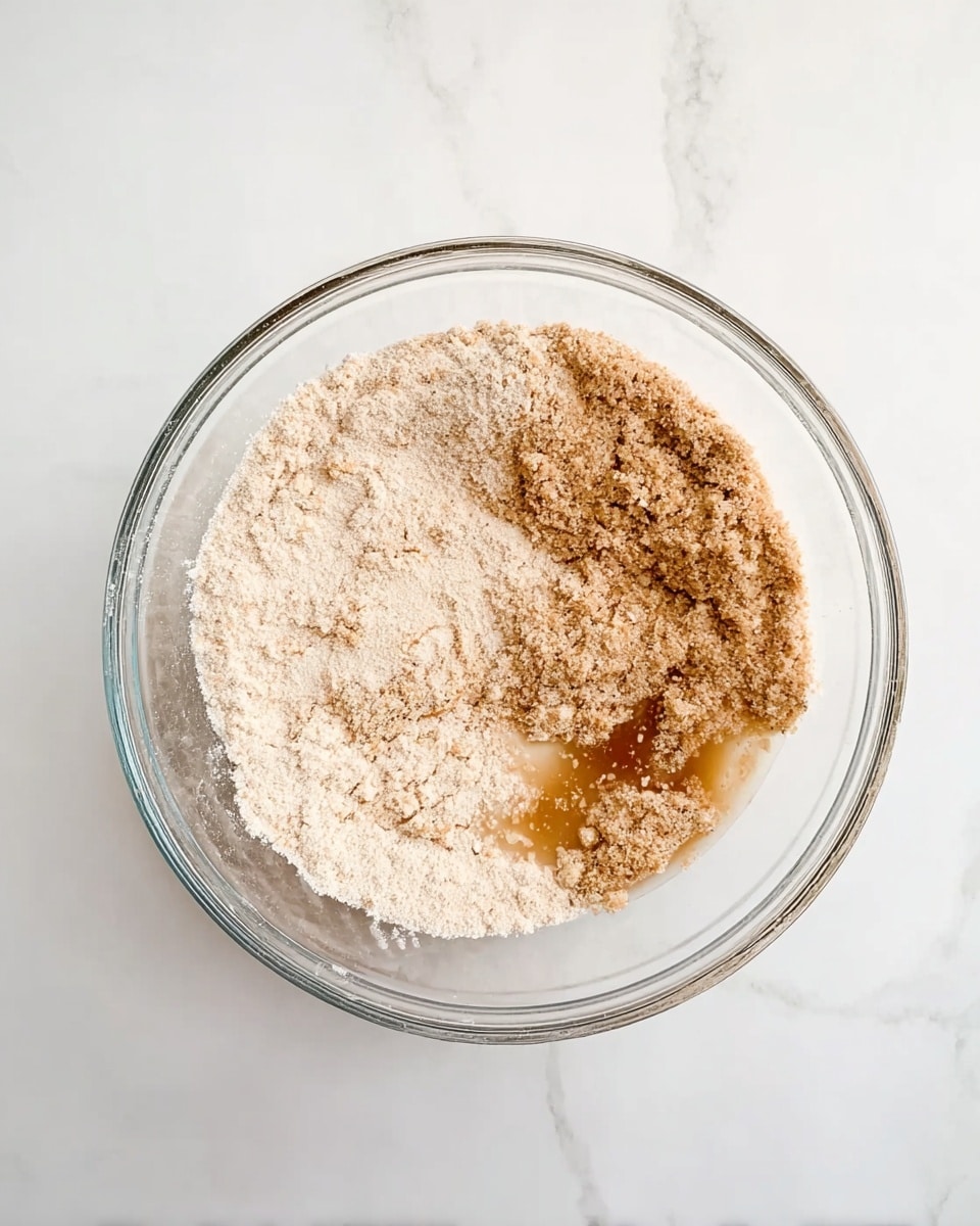 A clear glass bowl sits on a white marbled surface, filled with a mix of dry and wet ingredients. Inside, there is a visible separation between a lighter beige powder on the left side and a darker brown powder on the right side, with some liquid lightly pooling and blending slightly into the powders, giving a wet texture in some areas. The bowl is round and the ingredients have a rough, grainy look with soft shadows from above. Photo taken with an iphone --ar 4:5 --v 7