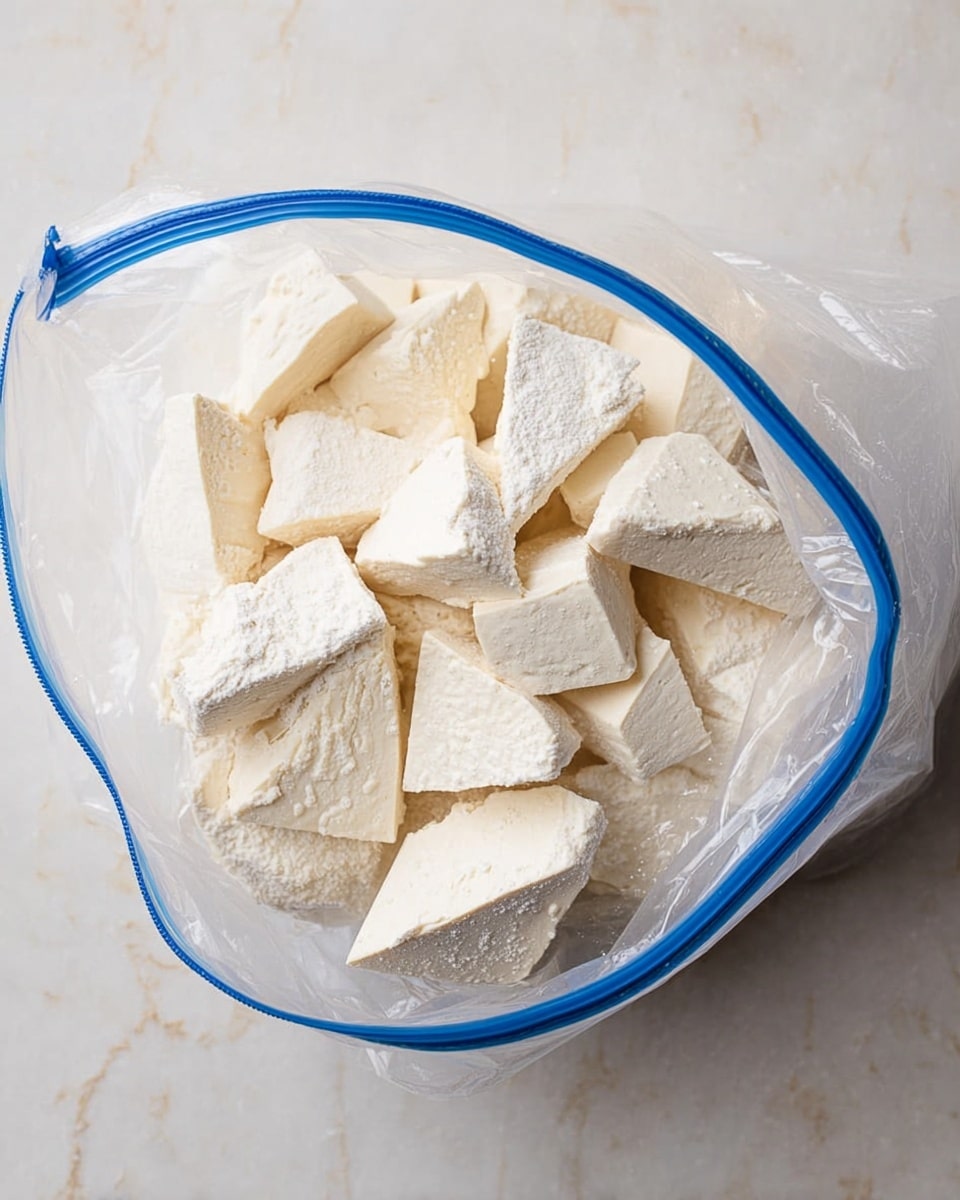 A clear plastic bag filled with large, off-white tofu pieces is shown from above, scattered with a layer of white powder on top. The tofu pieces are cut into irregular triangles and rectangles, with a smooth but slightly porous texture. The bag is open, resting on a white marbled surface, with the blue zipper seal visible at the edge. The tofu pieces fill the bag loosely, with some overlapping and gaps. Photo taken with an iphone --ar 4:5 --v 7