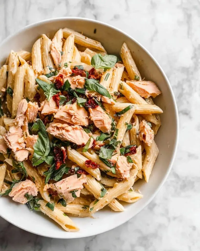 Lemon Garlic Salmon Pasta with Sun-Dried Tomatoes and Basil Recipe