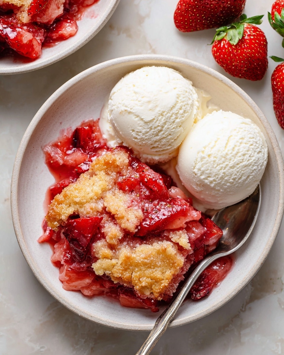 A white plate holds two golden brown pieces of strawberry cobbler with a slightly crisp texture on top, mixed with juicy red and pink cooked strawberries underneath, creating a soft and syrupy layer. Next to the cobbler, there are two creamy scoops of white vanilla ice cream with smooth swirls. A silver spoon rests on the right side of the plate, partially under the cobbler. The plate is placed on a white marbled surface, with fresh bright red strawberries scattered around. Photo taken with an iphone --ar 4:5 --v 7