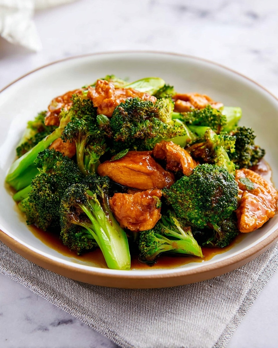 A white plate with a brown rim holds a dish of bright green broccoli pieces mixed with shiny, reddish-brown cooked chicken pieces. The broccoli has a textured, slightly crisp look with some darker green spots, while the chicken pieces are smooth and glistening with sauce. The sauce pools slightly at the bottom, coating the broccoli and chicken evenly. The plate sits on a light grey cloth on a white marbled surface. photo taken with an iphone --ar 4:5 --v 7