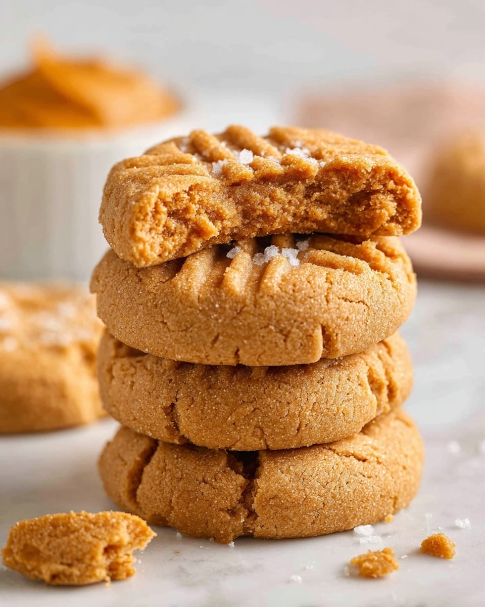 A stack of four light brown peanut butter cookies is shown on a white marbled surface, with each cookie visibly soft and crumbly. The top cookie has a fork-pressed pattern with fine ridges and grains of salt sprinkled on top. The second cookie down is broken in half, showing a moist and dense inside with scattered crumbs around. The bottom two cookies also show some cracks and broken edges, emphasizing their soft texture. In the blurred background, there is a white bowl filled with orange peanut butter. Photo taken with an iphone --ar 4:5 --v 7