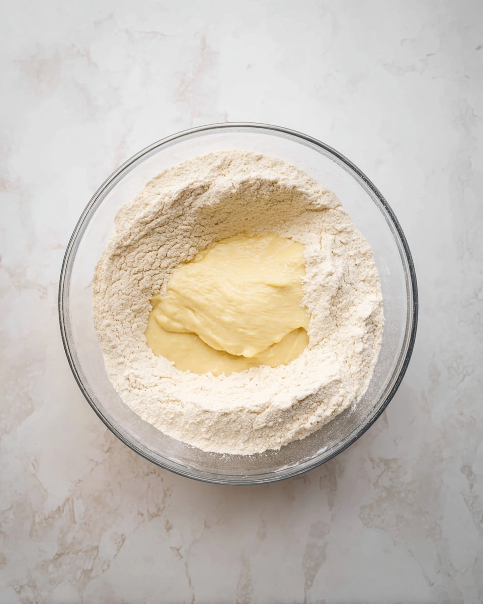 A clear glass bowl sits on a white marbled surface, filled with a thick layer of light beige flour that lines the bowl's bottom and edges. In the center, there is a layer of smooth, pale yellow batter that rests on top of the flour, creating a contrast in texture and color. The batter layer is uneven but spreads out to cover part of the flour, showing a mix of powdery and creamy textures inside the bowl. Photo taken with an iphone --ar 4:5 --v 7