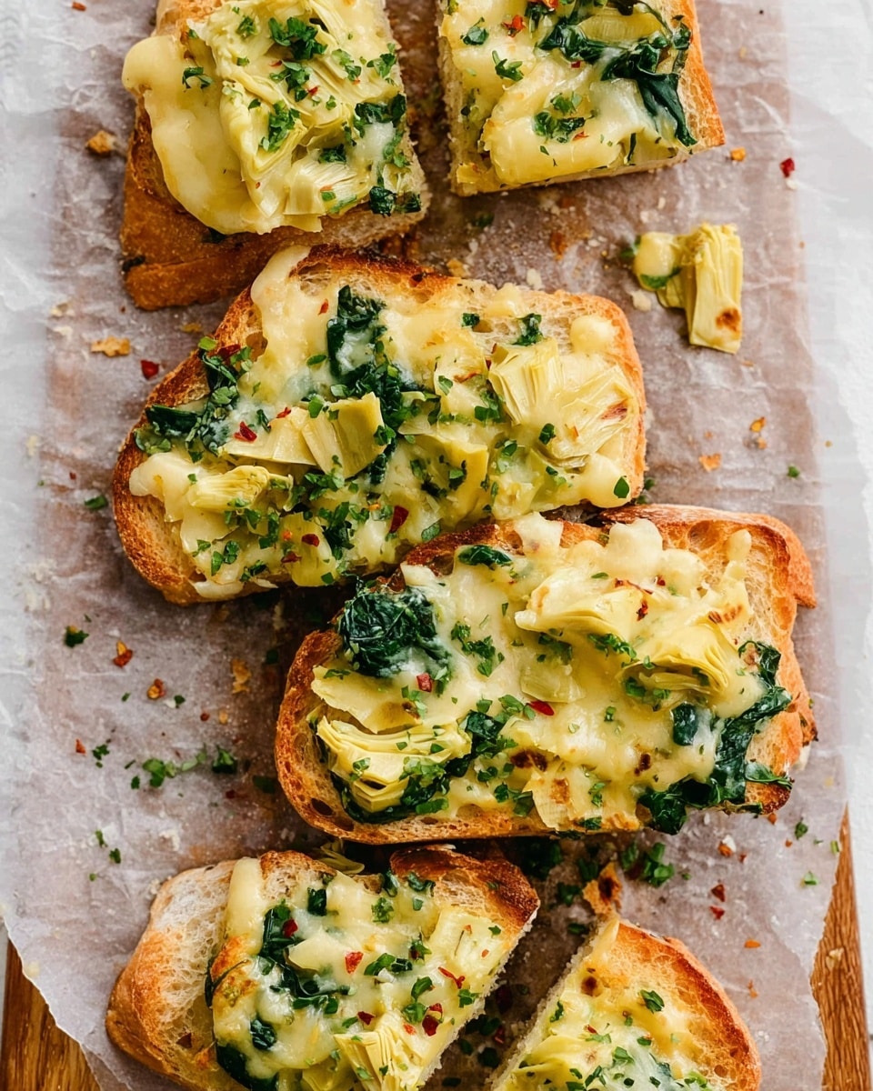 The image shows several slices of toasted bread with a thick, golden crust and soft inside, each topped with melted yellow cheese that looks creamy and slightly stringy. Scattered on the cheese are bright green spinach leaves and pale green artichoke pieces, adding texture and color. The slices are sprinkled with finely chopped green herbs and small red chili flakes. The bread pieces are placed on parchment paper over a wooden board, with small bits of crumbs and herbs around them. Photo taken with an iphone --ar 4:5 --v 7