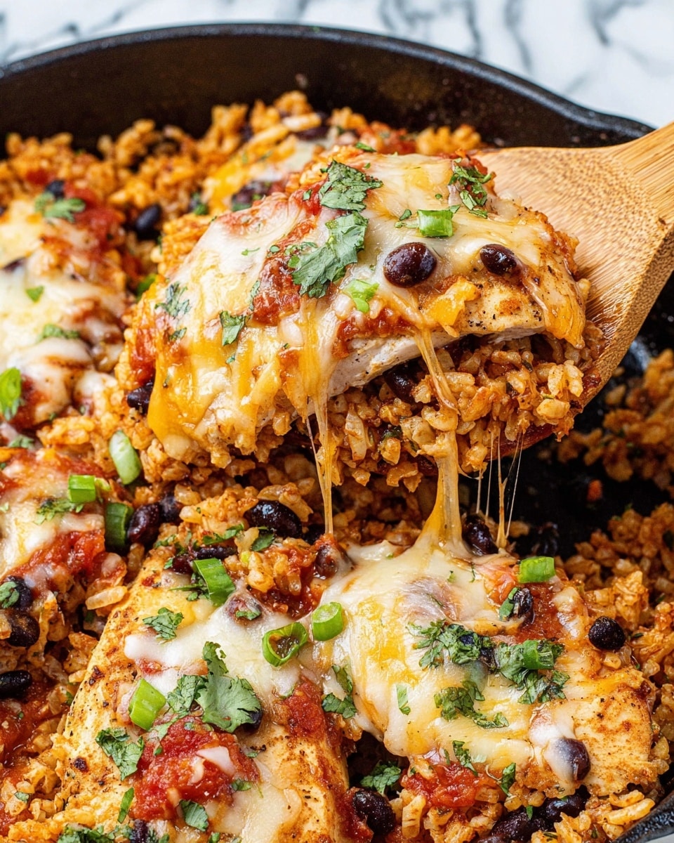 The image shows a close-up of a skillet dish with several pieces of cooked chicken placed on top of a bed of seasoned rice mixed with black beans. The chicken is topped with melted cheese and tomato sauce, with some garnishing of chopped green onions and fresh cilantro scattered over the dish. The rice is golden-brown and looks well cooked, while the cheese on top of the chicken is stringy and slightly browned. A wooden spatula is lifting a piece of chicken and rice from the skillet, revealing the melting cheese stretching between the layers. The skillet sits on a white marbled surface. photo taken with an iphone --ar 4:5 --v 7
