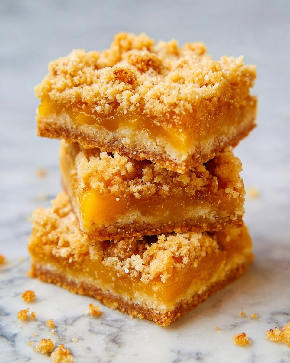 The image shows a stack of three square bars with three visible layers each. The bottom layer is a dense, golden-brown crust with a slightly rough texture. The middle layer is filled with bright orange fruit pieces that look soft and juicy, evenly spread across the bar. The top layer consists of crumbly, light golden crumbs scattered unevenly, adding a crunchy texture. The bars have a warm, inviting color palette of gold and orange hues. They are placed on a white marbled surface with some small crumbs scattered around. photo taken with an iphone --ar 4:5 --v 7