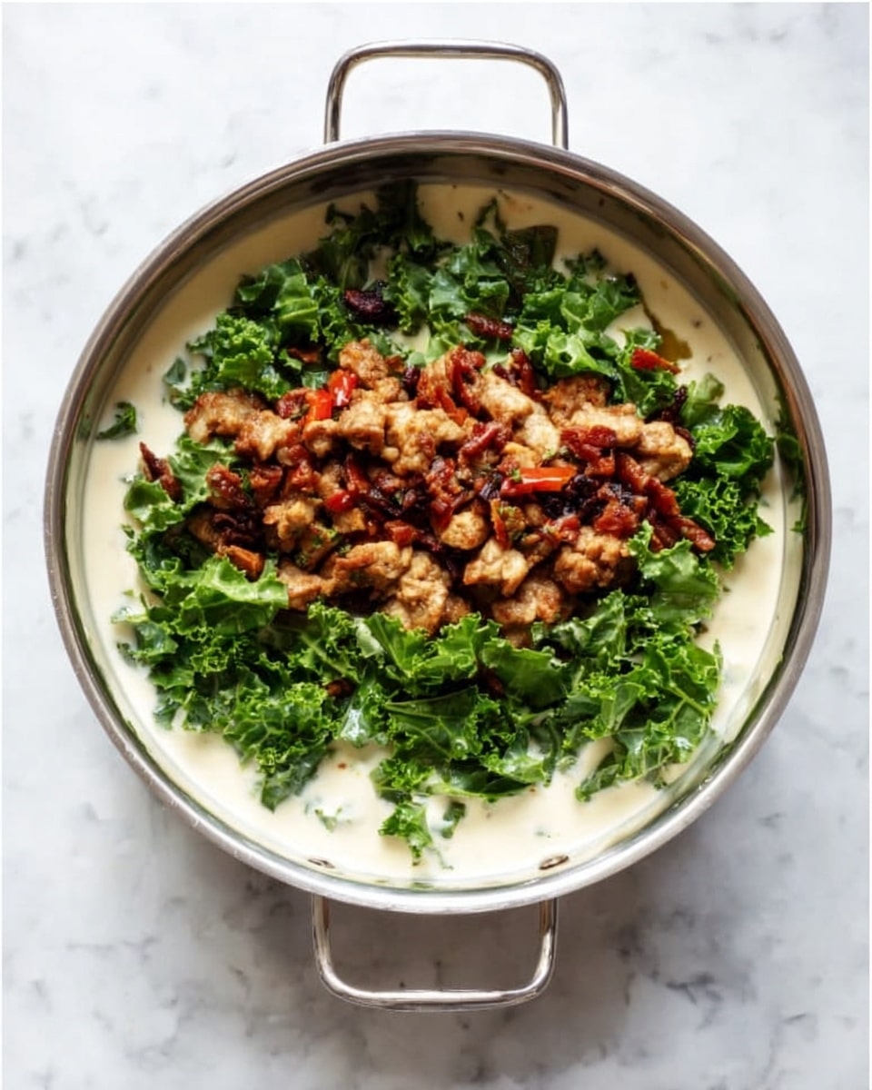 A top view of a metal pan on a white marbled surface holding a layered dish with three main parts: a base layer of creamy white sauce, a middle layer of fresh green kale leaves, and a top layer of small browned pieces of cooked meat mixed with bits of red vegetables. The colors contrast clearly with creamy white at the bottom, leafy green in the middle, and warm brown and red on top. The pan has two handles on the sides. photo taken with an iphone --ar 4:5 --v 7
