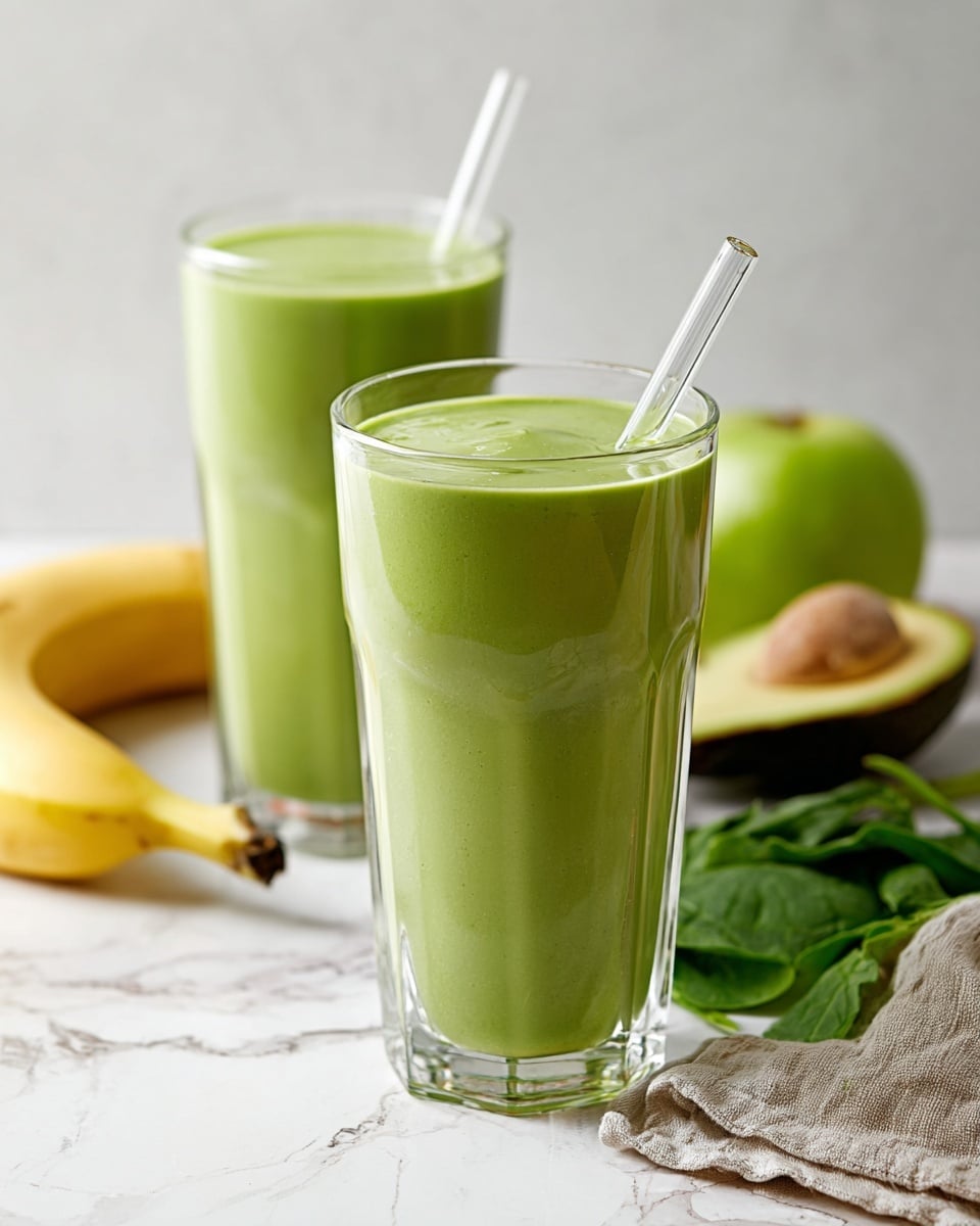 Two clear tall glasses are filled with thick green smoothie showing a smooth texture; each glass holds a clear glass straw positioned at the top edge. One glass is placed closer to the front center, and the other is behind it on a white marbled surface with a blurred background. Surrounding the glasses, there is a yellow banana to the left, a half green apple sliced open, half an avocado showing its seed to the right, and fresh spinach leaves on a cloth napkin in the bottom right corner. The photo is taken with an iphone --ar 4:5 --v 7