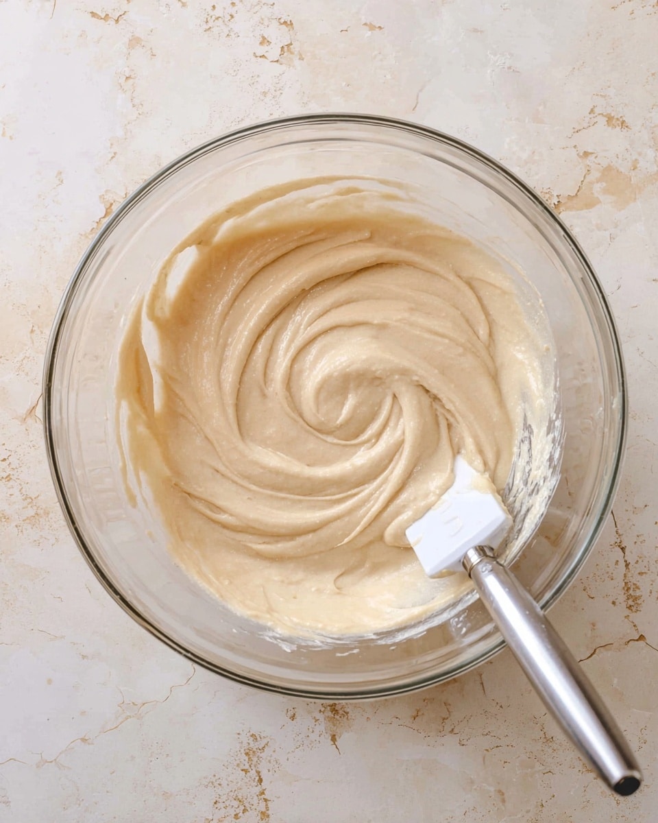 A clear glass bowl holds a smooth, thick, pale beige batter with soft swirls on top, showing a creamy texture. A white spatula with a silver handle is resting inside the bowl on the right side, partially covered in the batter. The bowl sits on a white marbled surface with subtle beige and light brown marks. photo taken with an iphone --ar 4:5 --v 7