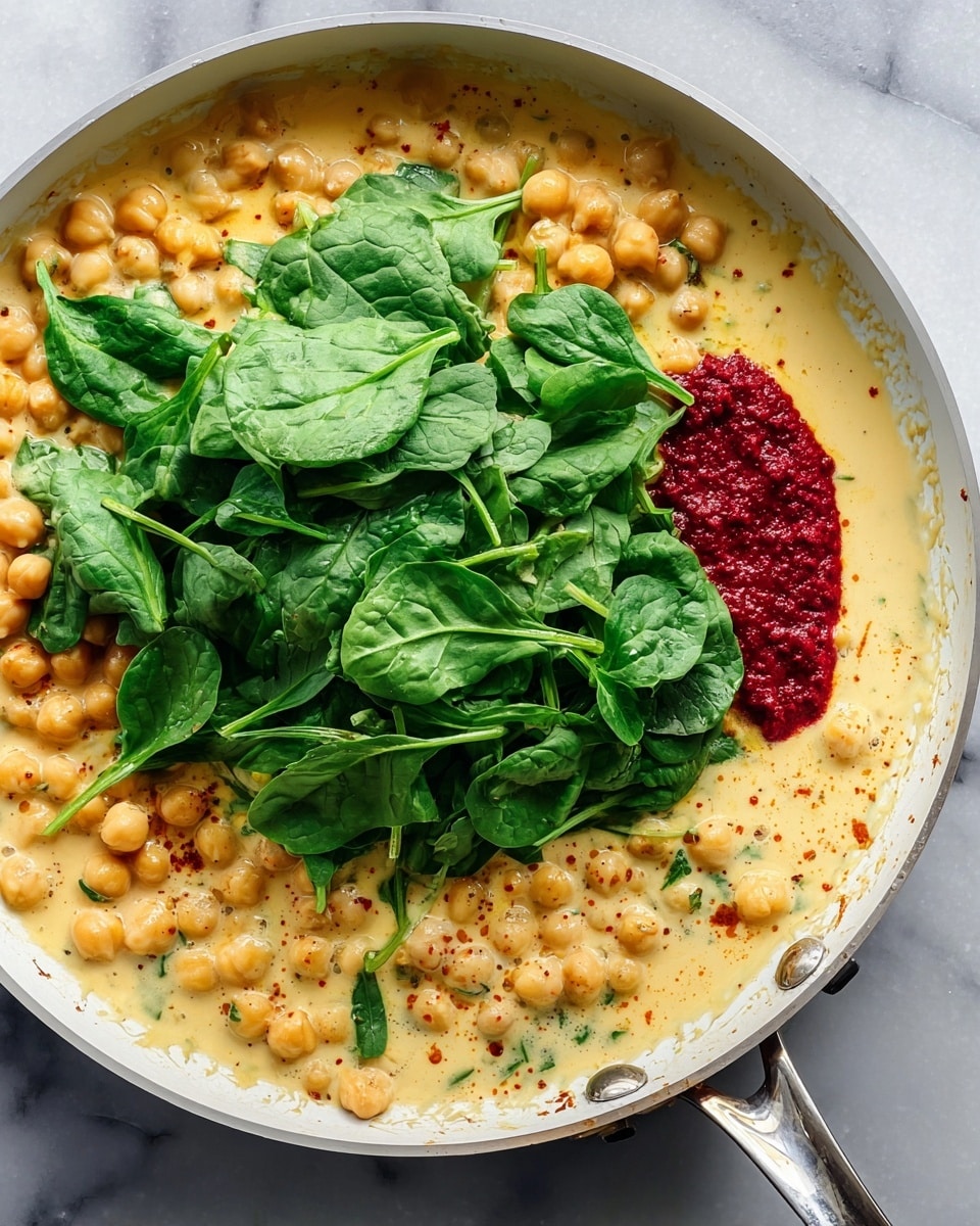 A close-up view of a white pan on a white marbled surface filled with a creamy yellow sauce with chickpeas scattered around the edges. A large pile of fresh green spinach leaves sits in the center, partially covering the sauce. There is a deep red dollop next to the spinach, contrasting with the pale sauce and vibrant green leaves. The pan has a shiny silver handle visible on the right side. photo taken with an iphone --ar 4:5 --v 7