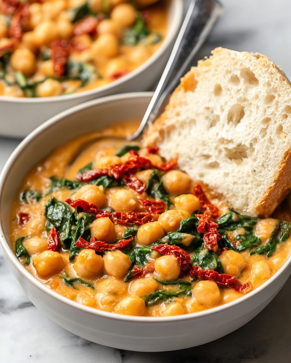 A white bowl filled with a creamy chickpea stew that shows two layers: the base layer is a smooth, orange sauce mixed with whole, round chickpeas, and the top layer has scattered green spinach leaves and strips of red sun-dried tomatoes, giving the dish a colorful and textured look. A thick slice of light beige, airy bread is partially dipped on the right side into the stew, showing a soft and fluffy texture. A silver spoon stands in the bowl on the left side, with a white marbled surface underneath. Another bowl filled with the same stew is blurred in the background. photo taken with an iphone --ar 4:5 --v 7