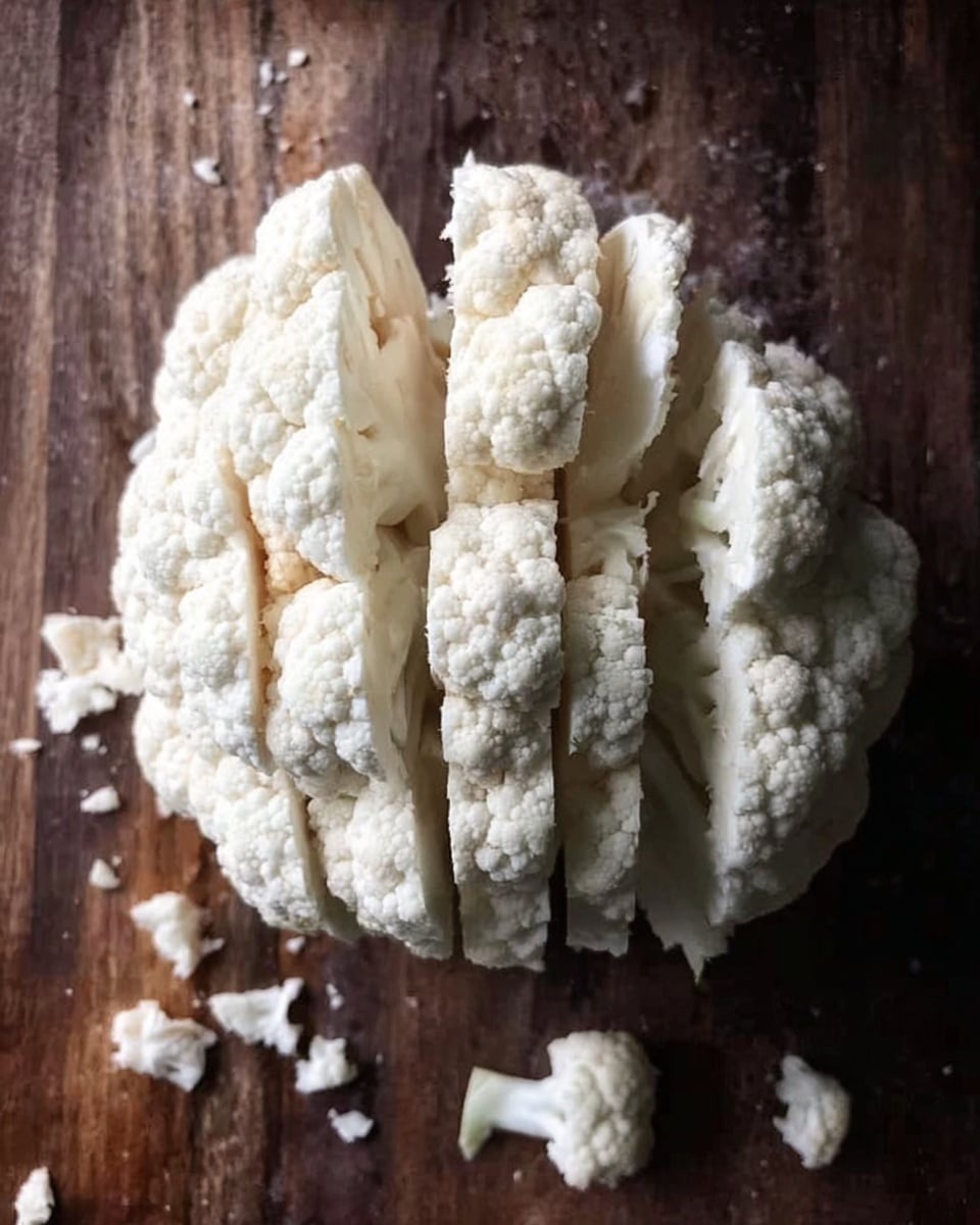 The image shows a whole white cauliflower head that is sliced vertically into thick pieces, placed on a dark wooden board. The cauliflower's rough, bumpy texture is visible, with small broken bits scattered around it. The lighting highlights the white color and natural shapes of the cauliflower, contrasting with the dark brown wooden background. Photo taken with an iphone --ar 4:5 --v 7