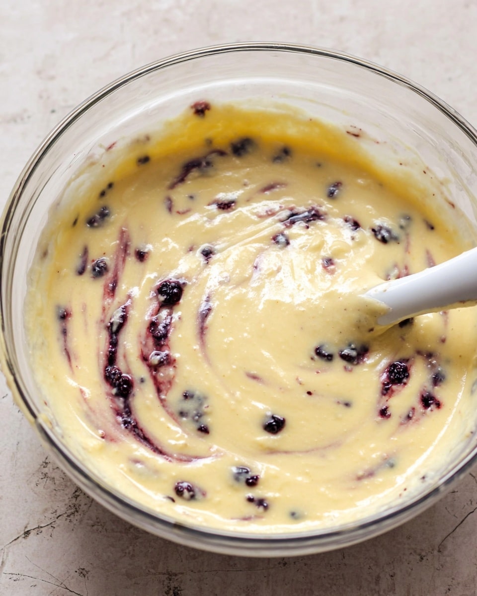 A clear glass bowl holds a creamy pale yellow batter that is thick and smooth, with small swirls of dark purple berry juice and whole blackberries scattered throughout. A silver and white spatula is partially submerged in the batter on the right side of the bowl, showing the creamy texture. The bowl sits on a white marbled textured surface. photo taken with an iphone --ar 4:5 --v 7