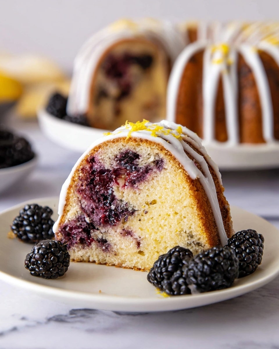 A thick slice of bundt cake sits on a white plate with a white marbled texture surface. The cake has two main layers: a light, fluffy yellowish interior mixed with juicy, dark purple blackberries that create a patchy texture, and a golden-brown crust around it. On the top, white icing is drizzled in neat lines, with small pieces of yellow zest sprinkled over it. Several fresh blackberries are placed on the plate around the cake slice. In the blurred background, the rest of the bundt cake, decorated with white icing and blackberries, is visible. photo taken with an iphone --ar 4:5 --v 7