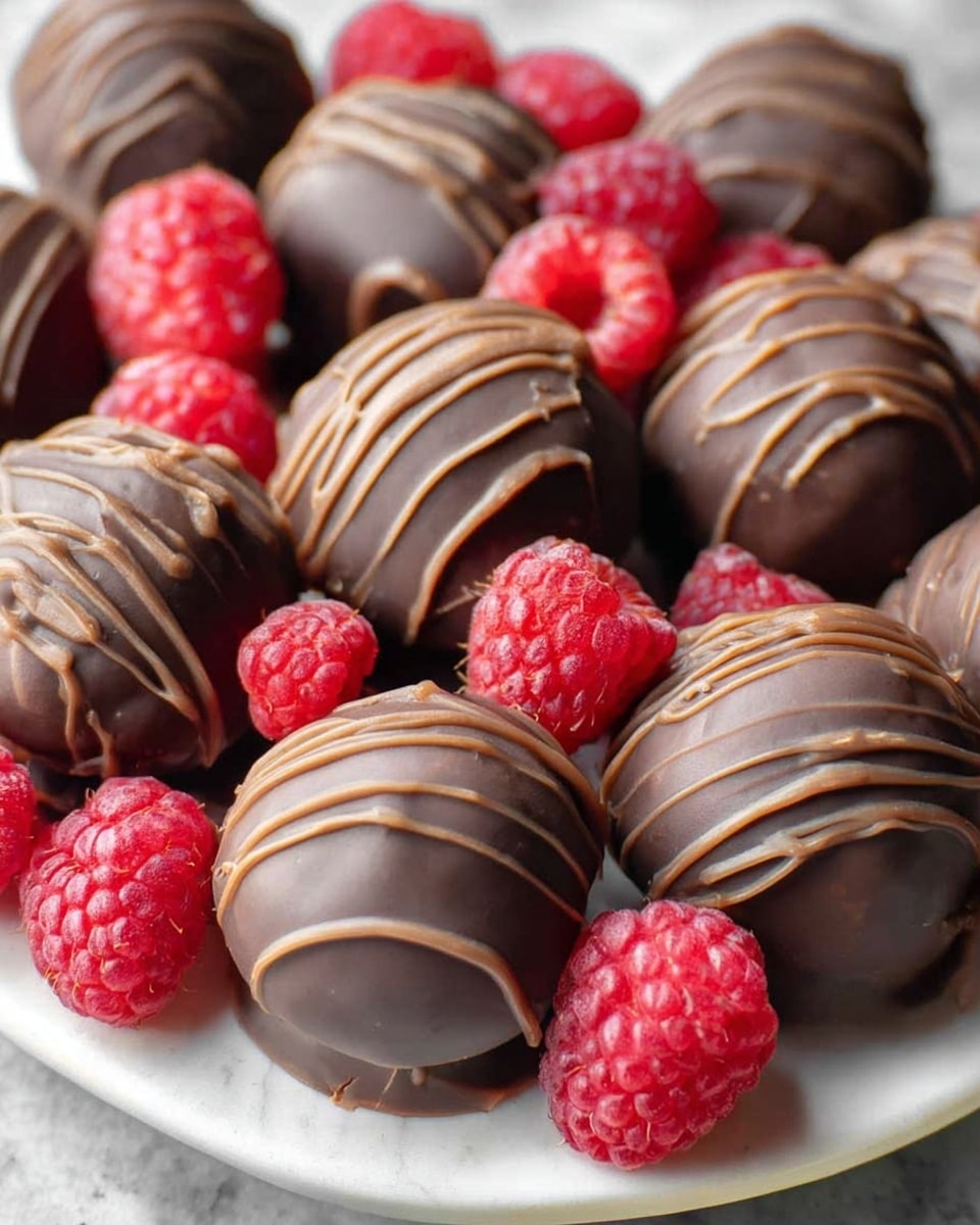 The image shows a white plate filled with smooth round chocolate balls that have an even, shiny dark brown coating. Each ball is decorated with thin wavy lines of slightly lighter brown chocolate drizzled on top, creating a textured pattern. Bright red raspberries are scattered closely around and between the chocolate balls, adding a fresh, juicy contrast in color and texture. The surface under the plate has a white marbled texture. The lighting captures the glossy shine on the chocolate and the softness of the raspberries clearly. photo taken with an iphone --ar 4:5 --v 7