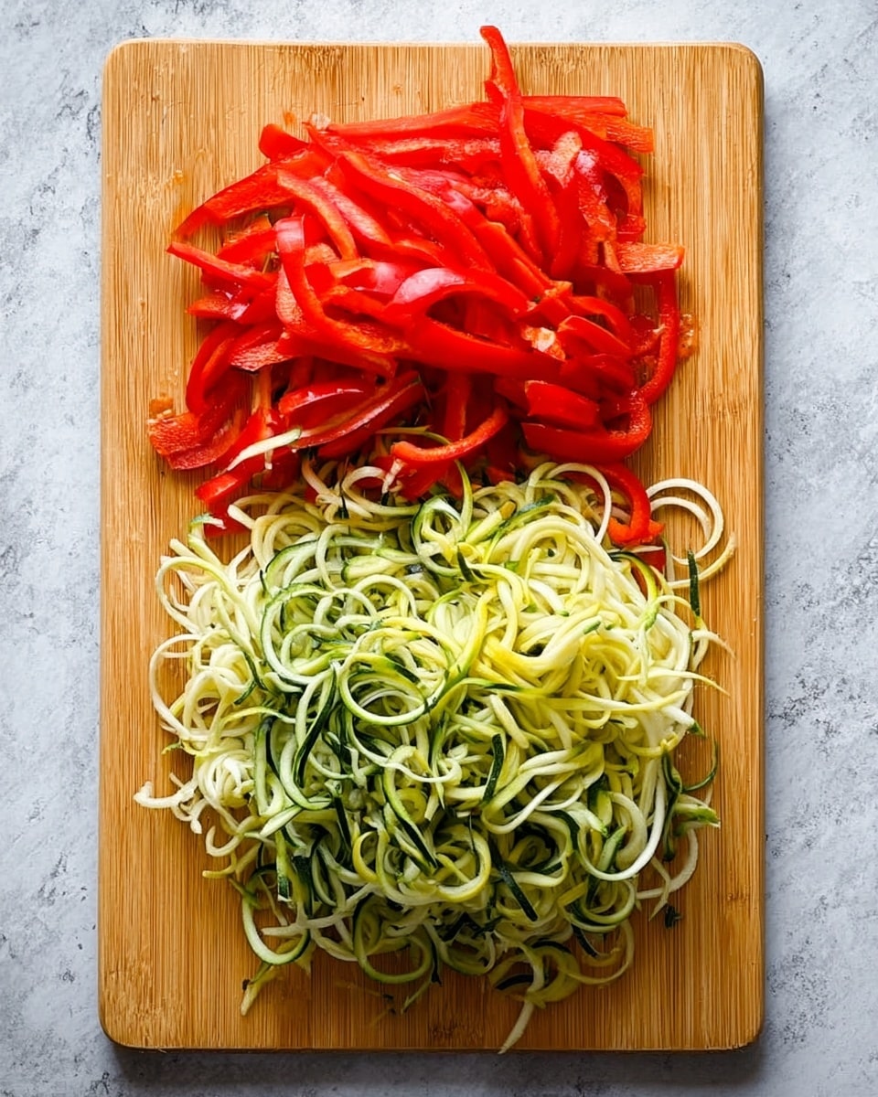 The image shows a wooden cutting board on a white marbled surface. On the board, there are two clear layers of ingredients: at the top, a bright red pile of thinly sliced bell peppers with a smooth texture and slight shine, and below it, a larger heap of spiral-shaped zucchini noodles in green and pale yellow shades, showing a twisted, curly texture. The cutting board’s light wood grain is visible around the edges, and the background is a white marbled texture. photo taken with an iphone --ar 4:5 --v 7
