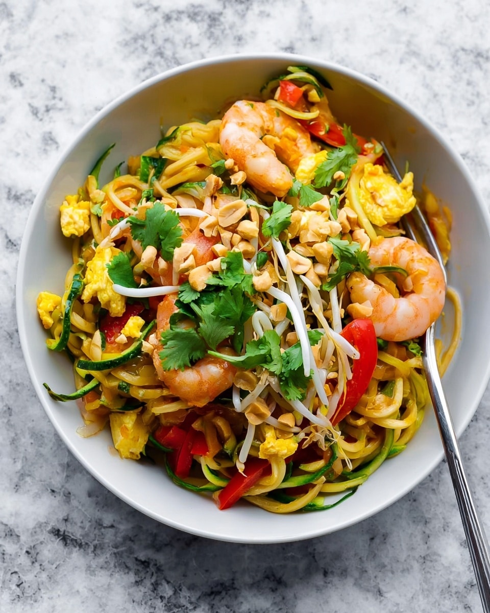A white bowl filled with layers of cooked yellow noodles mixed with green zucchini noodles, topped with pink shrimp, pieces of yellow scrambled egg, and strips of red bell pepper. White bean sprouts are scattered on top along with bright green cilantro leaves and light brown chopped peanuts. A silver fork rests inside the bowl, partly buried under the food. The bowl is placed on a white marbled surface. photo taken with an iphone --ar 4:5 --v 7