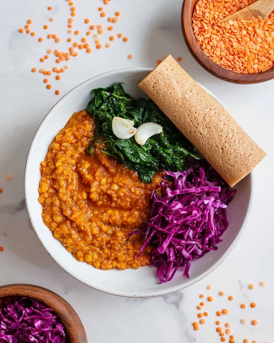 A white round bowl contains four sections of food: at the bottom left, there is a thick, orange lentil stew with a slightly chunky texture; to its right, a rolled, light brown crepe with a porous surface lies along the edge of the bowl; above the stew, bright green sautéed spinach leaves with visible slices of garlic are placed; to the right of the spinach, there is a pile of bright purple shredded cabbage. The bowl is placed on a white marbled surface with some scattered orange lentils and a small wooden bowl filled with more orange lentils visible in the top right corner. photo taken with an iphone --ar 4:5 --v 7