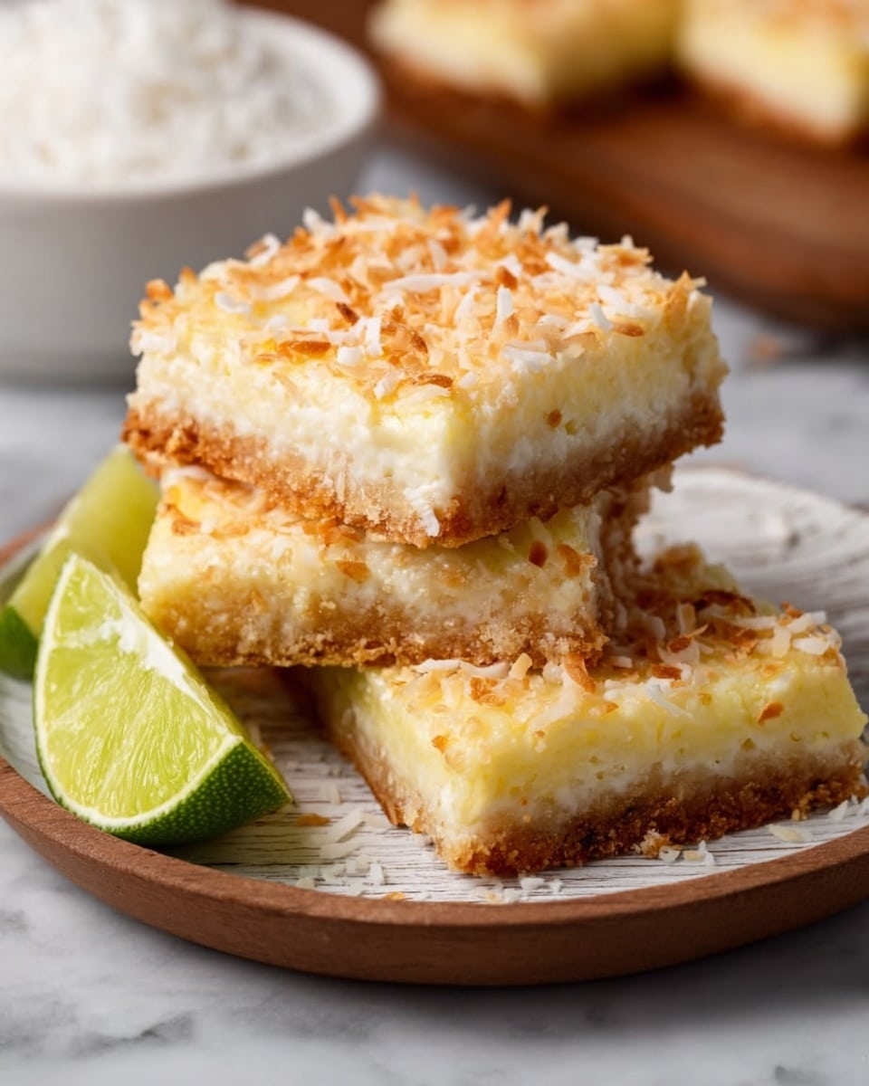 The image shows three square dessert bars stacked unevenly on a white plate with a faint wood texture. Each bar has two layers: a light golden-brown crust at the bottom with a slightly crumbly texture and a thick creamy top layer that is pale yellow and smooth. The top layer is sprinkled with toasted shredded coconut, adding an irregular golden and white texture. Two fresh lime slices with bright green skin and pale green inside lie beside the bars on the plate. In the background, there is a blurred view of a white bowl filled with shredded coconut. The backdrop surface is white marble. photo taken with an iphone --ar 4:5 --v 7