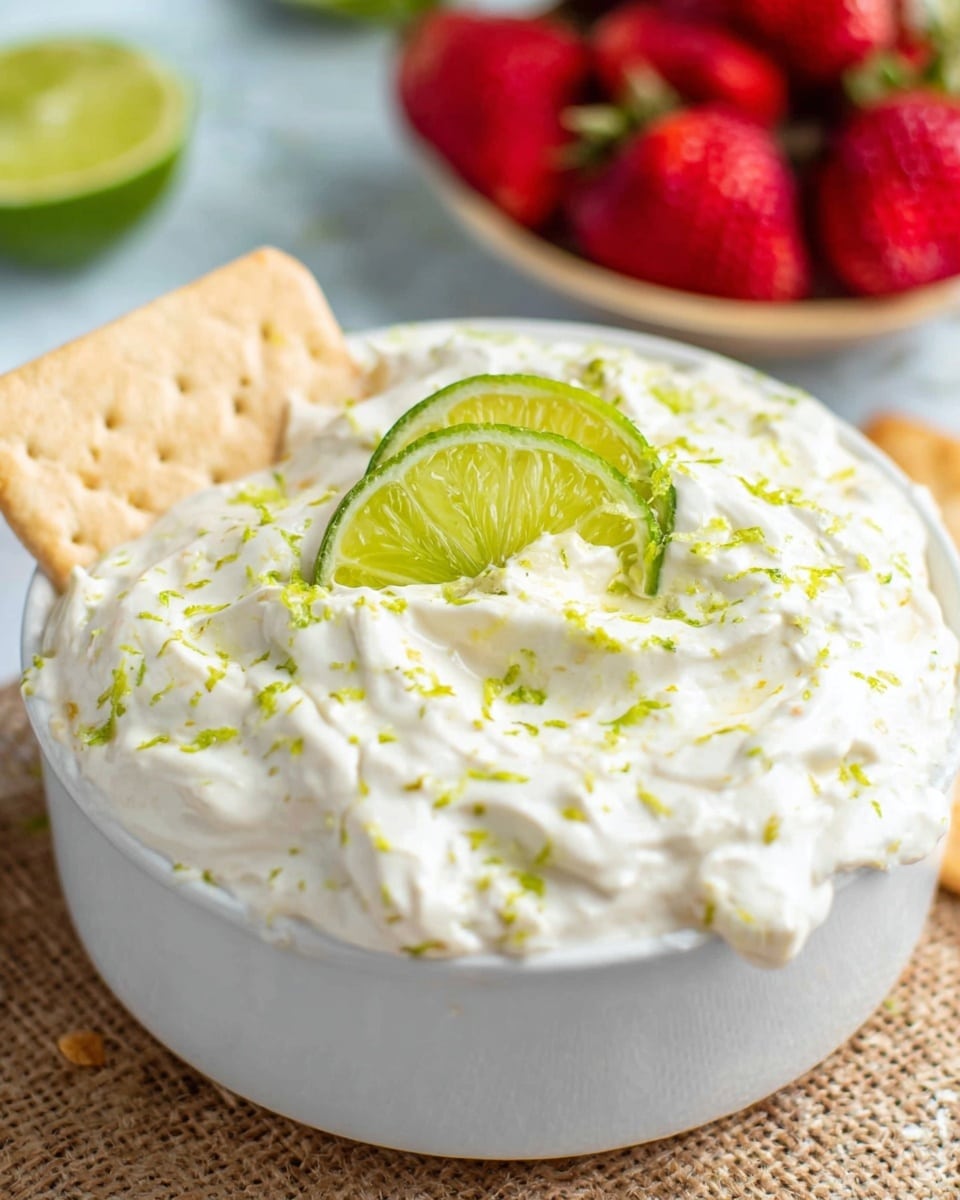 A white creamy dip filled in a white bowl, smooth with some thick texture visible, topped with two thin lime slices and sprinkled with green lime zest across the surface. A thin beige cracker is partially dipped into the dip on the left side. In the blurred background, bright red strawberries are seen on a white marbled surface. The entire scene sits on a light brown textured mat. The colors are fresh and vibrant, mostly white and green tones are dominant. photo taken with an iphone --ar 4:5 --v 7