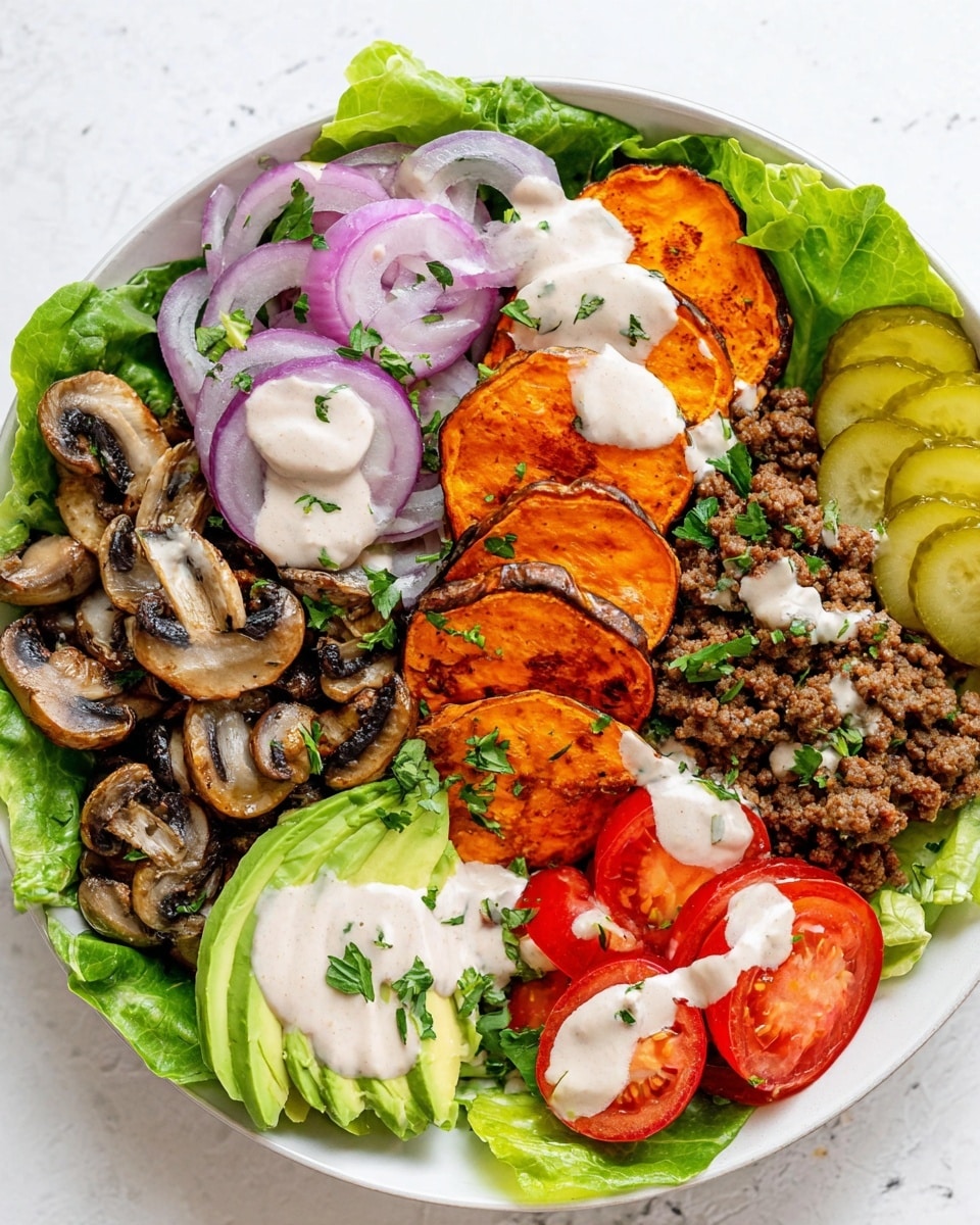 A white plate with fresh green lettuce leaves spread as the base layer, topped with cooked brown ground meat on the right side and bright orange roasted sweet potato slices placed in the center. There are several layers of sliced red onions on the left, cooked brown mushrooms at the bottom, and red tomato slices on the right bottom side. Yellow pickle slices are placed at both the top left and bottom right. Green avocado slices sit near the ground meat. All the ingredients have a creamy white dressing drizzled over them, and small green parsley leaves are scattered on top. The plate sits on a white marbled surface. Photo taken with an iphone --ar 4:5 --v 7