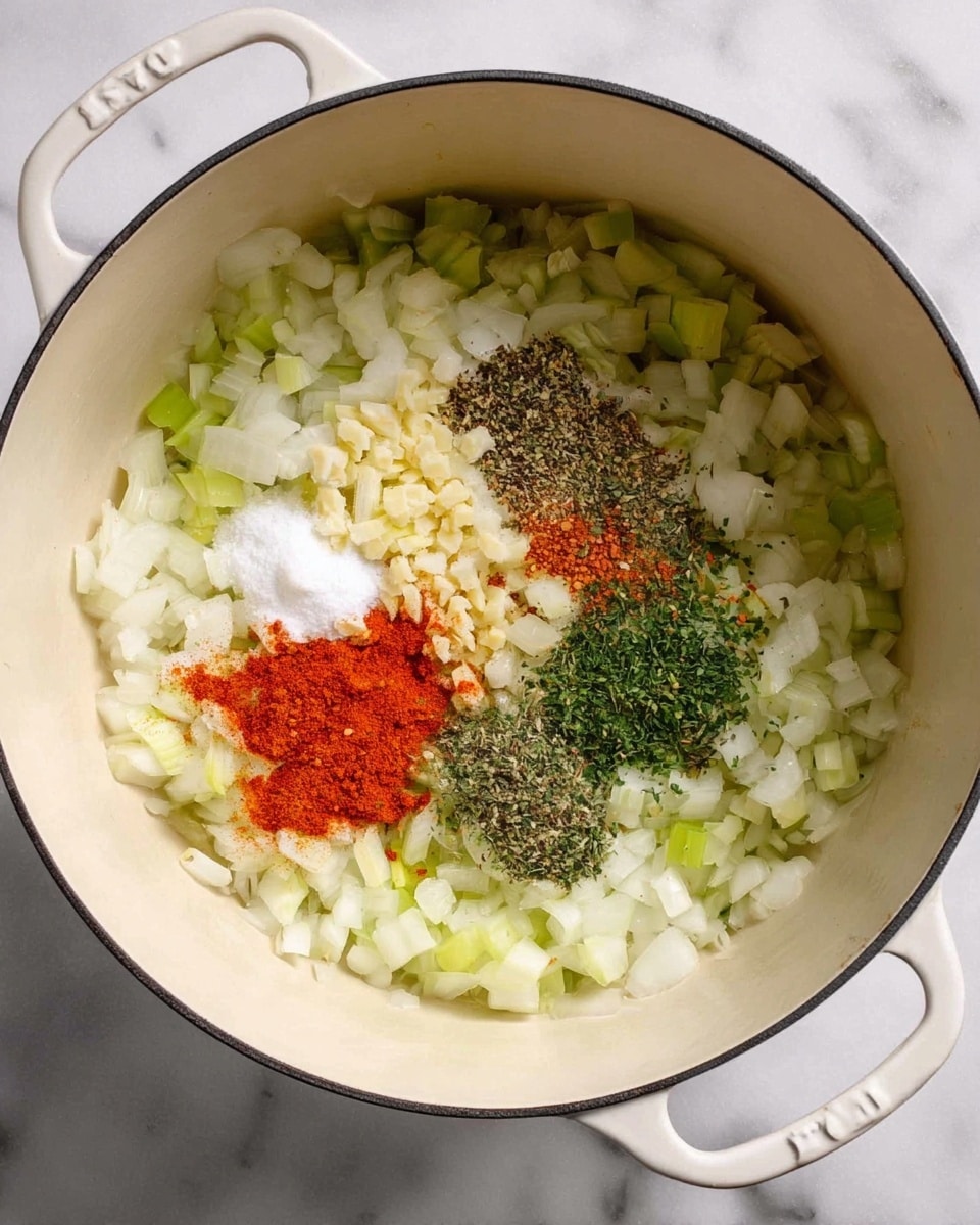 A large white pot filled with chopped onions and celery spread evenly as the base layer. On top of the vegetables, there are five small piles of different spices and seasonings placed close together in the center: finely minced garlic which is pale yellow, white granulated salt, bright red paprika, coarser black pepper, and finely chopped green dried herbs. The pot is on a white marbled surface. photo taken with an iphone --ar 4:5 --v 7
