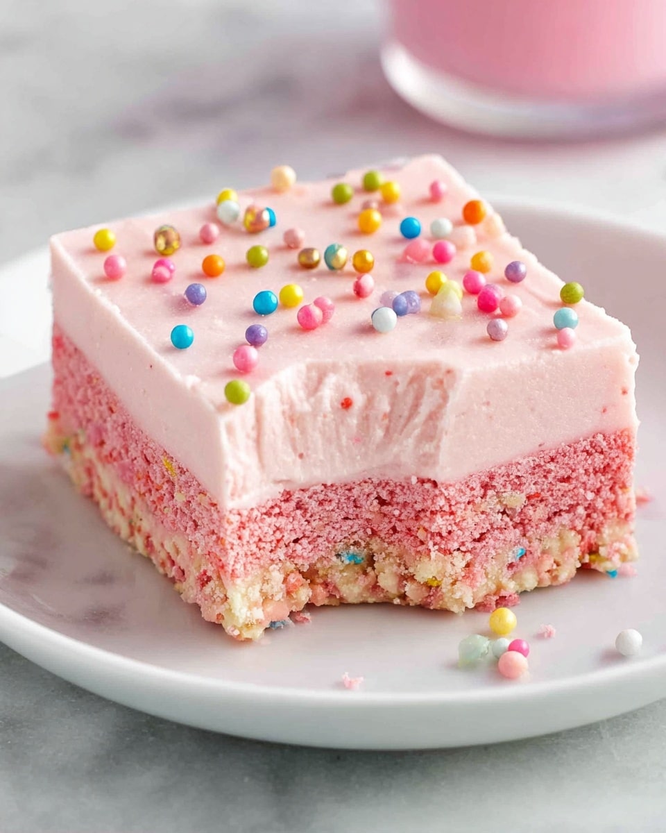 A pink two-layer square dessert sits on a white plate on a white marbled surface. The bottom layer is a crumbly, textured pink base with small colorful sprinkles mixed in, while the top layer is a smooth, thick pale pink cream decorated with scattered round, multicolored sprinkles. There is a bite taken from the front side of the dessert, showing the soft texture of the cream layer. Photo taken with an iphone --ar 4:5 --v 7