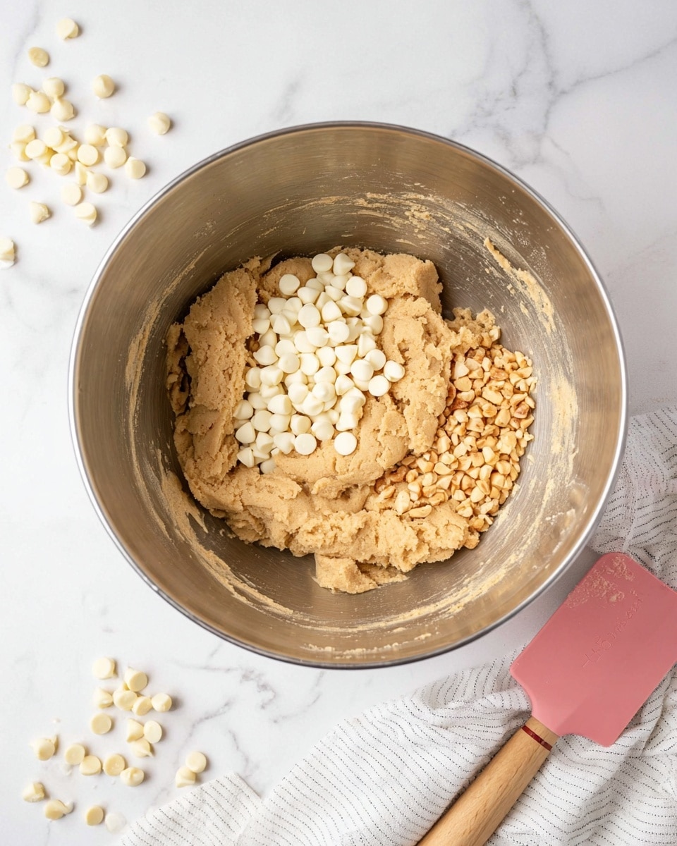 A large silver mixing bowl sits on a white marbled surface, filled with light tan cookie dough. On top of the dough, two separate piles are placed side by side: one pile of small, round white chocolate chips on the left, and one pile of chopped golden brown nuts on the right. The sides of the bowl show some dough residue. Nearby, a pink spatula with a wooden handle lies on the surface to the bottom right, and a white cloth with thin black stripes is partially visible on the bottom left. A few white chocolate chips and nut pieces are scattered on the surface around the bowl. Photo taken with an iphone --ar 4:5 --v 7