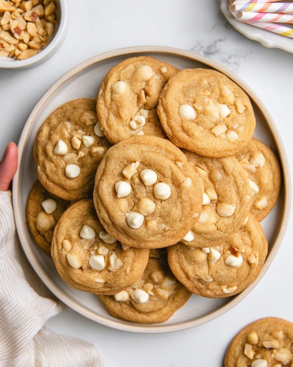 A round white plate holds about ten soft golden brown cookies stacked closely together, each cookie studded with white chocolate chips and pieces of chopped nuts that add texture and contrast on their smooth, slightly cracked surfaces. The plate sits on a white marbled background, with a small white bowl filled with more chopped nuts nearby and a woman’s hand holding a pastel striped straw just visible at the top edge. The lighting is bright and natural, highlighting the warm tones and slight shine on the cookies. photo taken with an iphone --ar 4:5 --v 7