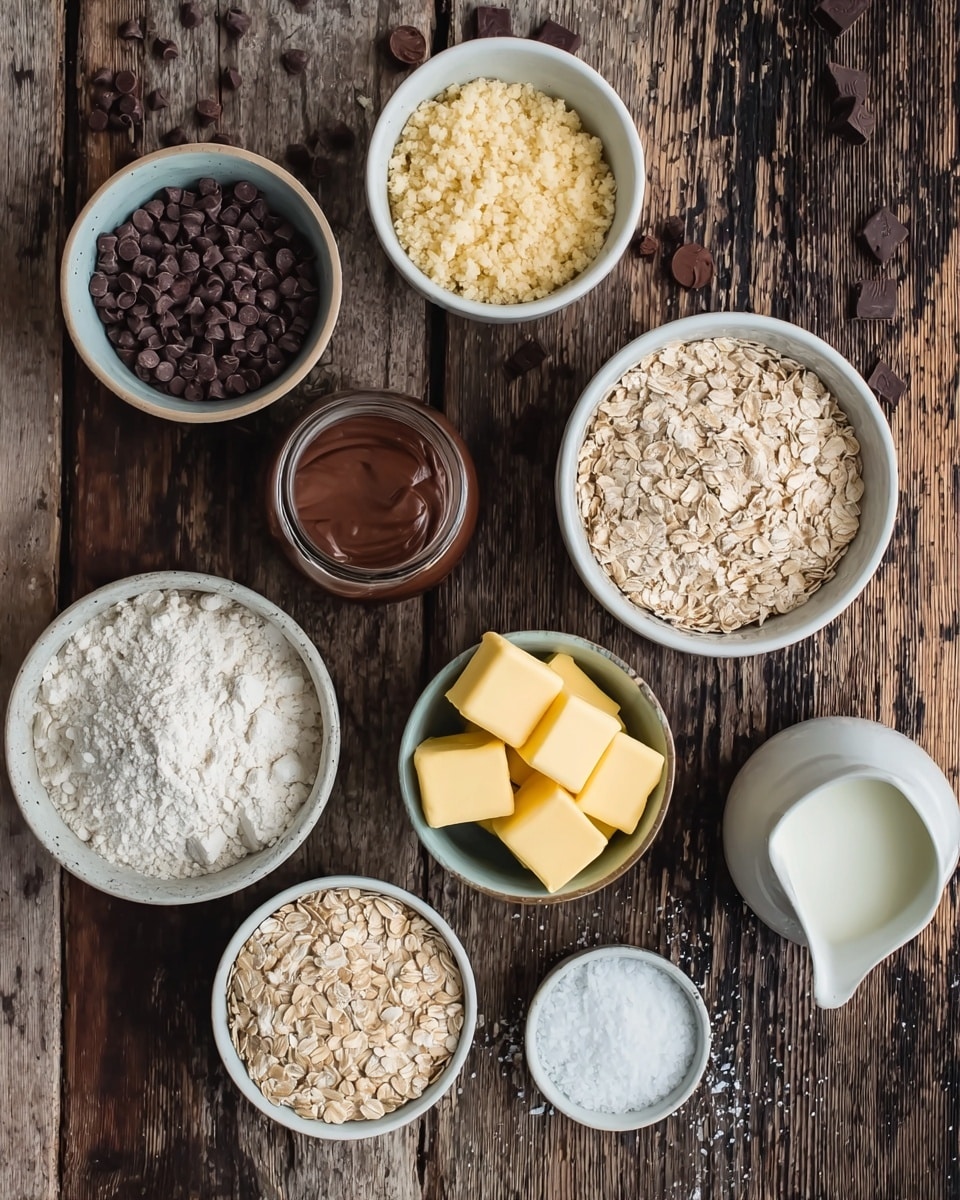Several white bowls and a white jug sit on a rough wooden surface. The bowls contain different ingredients: one holds small dark brown chocolate chips, another has creamy light brown crumbly bits, a jar contains smooth dark brown chocolate spread, yet another bowl holds yellow butter cubes, one bowl is filled with white flour, another has light beige rolled oats, and a small bowl holds white powdery salt. The white jug contains a light cream liquid. photo taken with an iphone --ar 4:5 --v 7