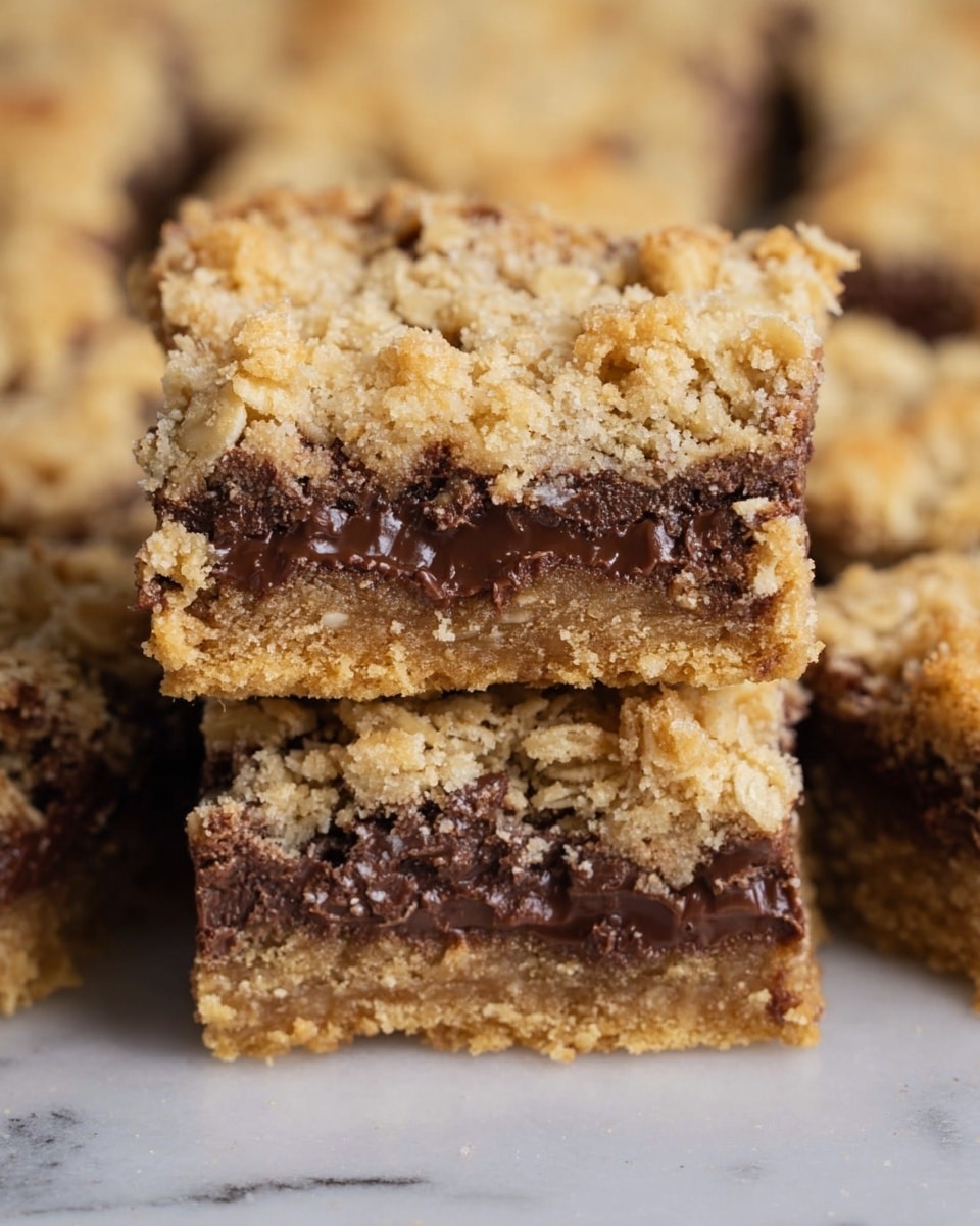 The image shows a stack of oat bars with three visible layers. The bottom layer is a firm, golden-brown oat crust with a crumbly texture. The middle layer is a thick, dark brown chocolate filling that looks smooth and rich, slightly melting into the oat layers. The top layer is another layer of light golden-brown oats, crunchy and slightly crumbly, with some oats sticking out unevenly. The oat bars are stacked closely together on a white marbled surface. Photo taken with an iphone --ar 4:5 --v 7