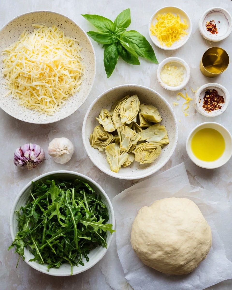 The image shows a white speckled bowl filled with shredded pale yellow cheese in the bottom left, a white speckled bowl of light green artichoke pieces in the center top, and a white speckled bowl of fresh dark green arugula leaves on the bottom right. To the right of the bowls, there is a ball of pale dough resting on white parchment paper. Surrounding the bowls and dough are small white dishes and a gold measuring cup with different ingredients: thin yellow lemon slices on the bottom left, bright yellow lemon zest above it, a small marble bowl with white salt in the middle left, a bright purple garlic bulb top left, red pepper flakes in a small dish above the dough, a gold measuring cup with finely grated pale cheese, and a white dish of light yellow oil on the bottom right. In the top center is a fresh green basil sprig. The surface is a white marbled texture photo taken with an iphone --ar 4:5 --v 7