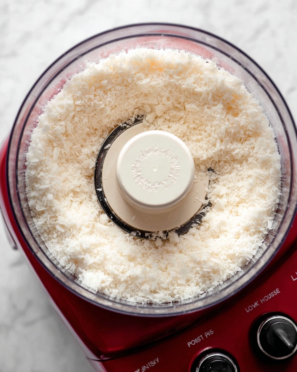 The image shows a top view of a food processor with a clear round container filled with finely grated white substance that looks fluffy and soft, covering the bottom and sides evenly. The center has the white blade attachment marked with text, standing out in the middle. The food processor base is deep red with multiple black and white buttons labeled Off, Low, High, and Pulse at the front. The whole scene is set on a white marbled surface. photo taken with an iphone --ar 4:5 --v 7