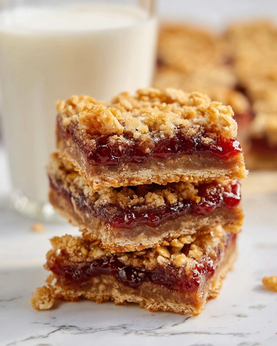 The image shows a stack of three square oat and jam bars placed on a white marbled surface. Each bar has three layers: the bottom layer is a dense, light brown oat mixture, the middle layer is a shiny, deep red jam filling that looks thick and sticky, and the top layer is a crumbly, golden oat topping with visible oats and small clusters. A small piece is broken off from the top bar, showing the layers clearly. In the background, there is a white glass filled with milk, slightly out of focus. The lighting is bright and natural, highlighting the textures of the bars. photo taken with an iphone --ar 4:5 --v 7