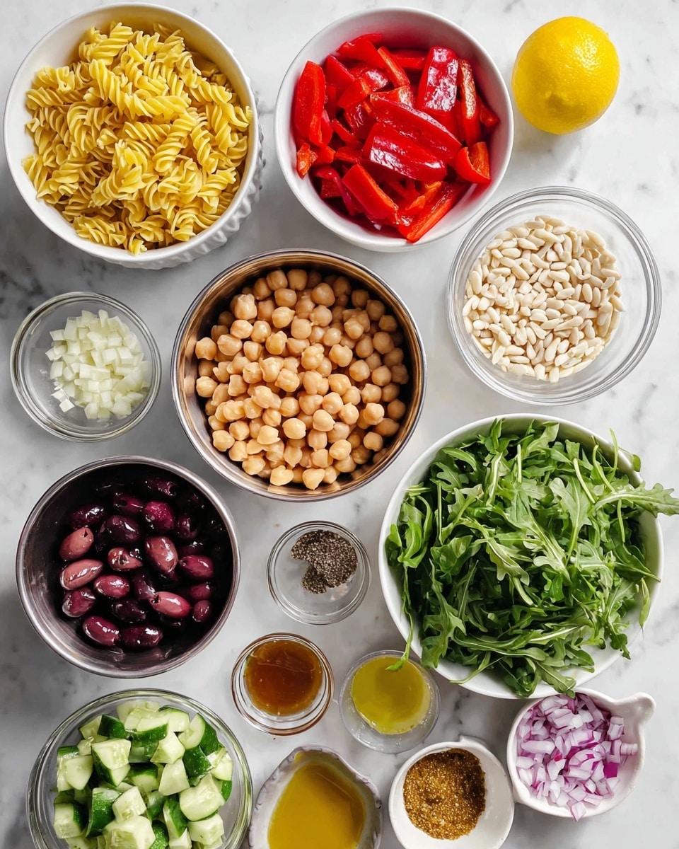 The image shows multiple small bowls arranged on a white marbled surface, each with different ingredients for a pasta salad. Starting from the top left, there's a white bowl filled with twisted yellow pasta. To its right is a silver bowl with bright red roasted bell pepper pieces. Below the pasta, a silver bowl contains light brown chickpeas, next to it a silver bowl with chopped green cucumber chunks. Below the cucumber, a silver bowl is filled with dark purple Kalamata olives, some halved. To the right, a clear glass bowl holds small white pine nuts. On the far right, a white bowl overflows with fresh green arugula leaves. Near the bottom right, a small white bowl has finely chopped red onions, and several small containers hold honey-colored dressing, grated pale cheese, olive oil, black pepper with salt, garlic, and grainy mustard. A yellow lemon sits near the top right. Photo taken with an iphone --ar 4:5 --v 7