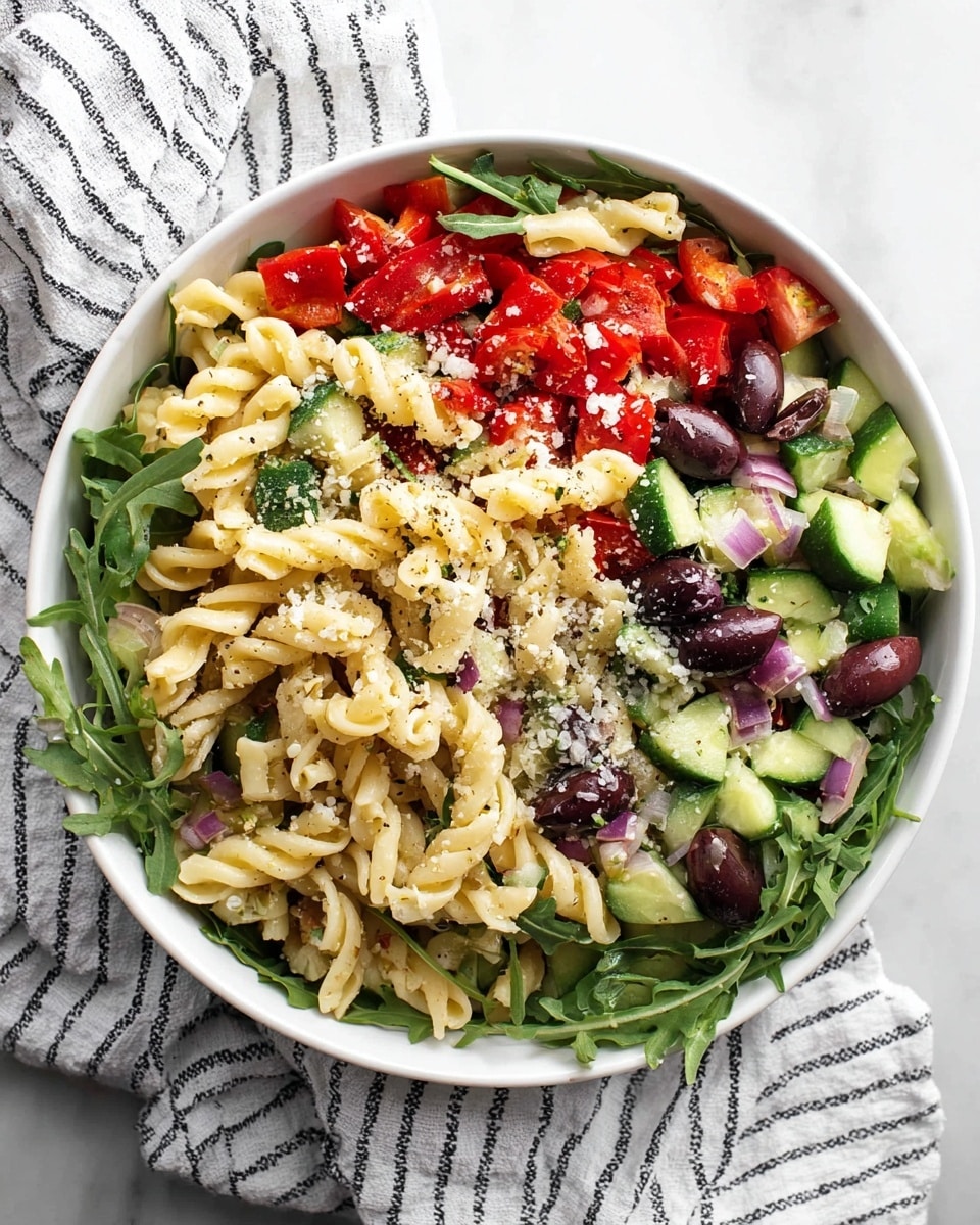 A white bowl filled with a colorful pasta salad sits on a white marbled surface with a white cloth that has thin black stripes. The salad has four main layers: the first layer is twisted, pale yellow pasta scattered all over. The second layer includes small green arugula leaves spread around the bowl. The third layer holds cubed red bell peppers, sliced dark purple olives, and green cucumber chunks evenly mixed in. The final layer is topped with white grated cheese and some black pepper sprinkled over the whole dish. The overall look is fresh and vibrant with a mix of soft, crunchy, and leafy textures. photo taken with an iphone --ar 4:5 --v 7
