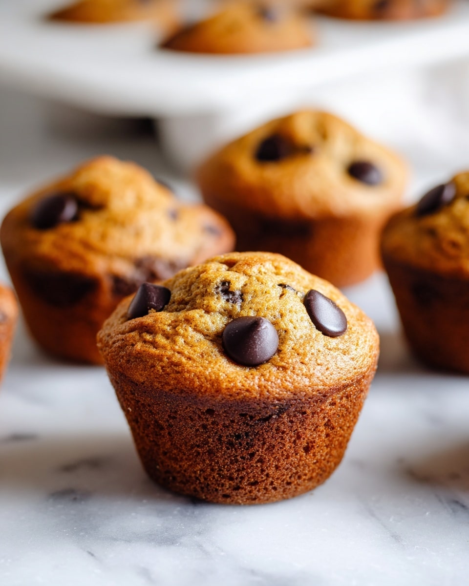 The image shows several soft muffins with a golden-brown top and darker brown base, each topped with a few glossy dark chocolate chips. The muffins have a slightly cracked, textured surface, revealing a dense yet fluffy inside. They are placed on a white marbled surface with a white baking tray blurred in the background holding more muffins. The focus is on one muffin in the foreground, showing detail in its color and texture, while the others fade softly out of focus. photo taken with an iphone --ar 4:5 --v 7